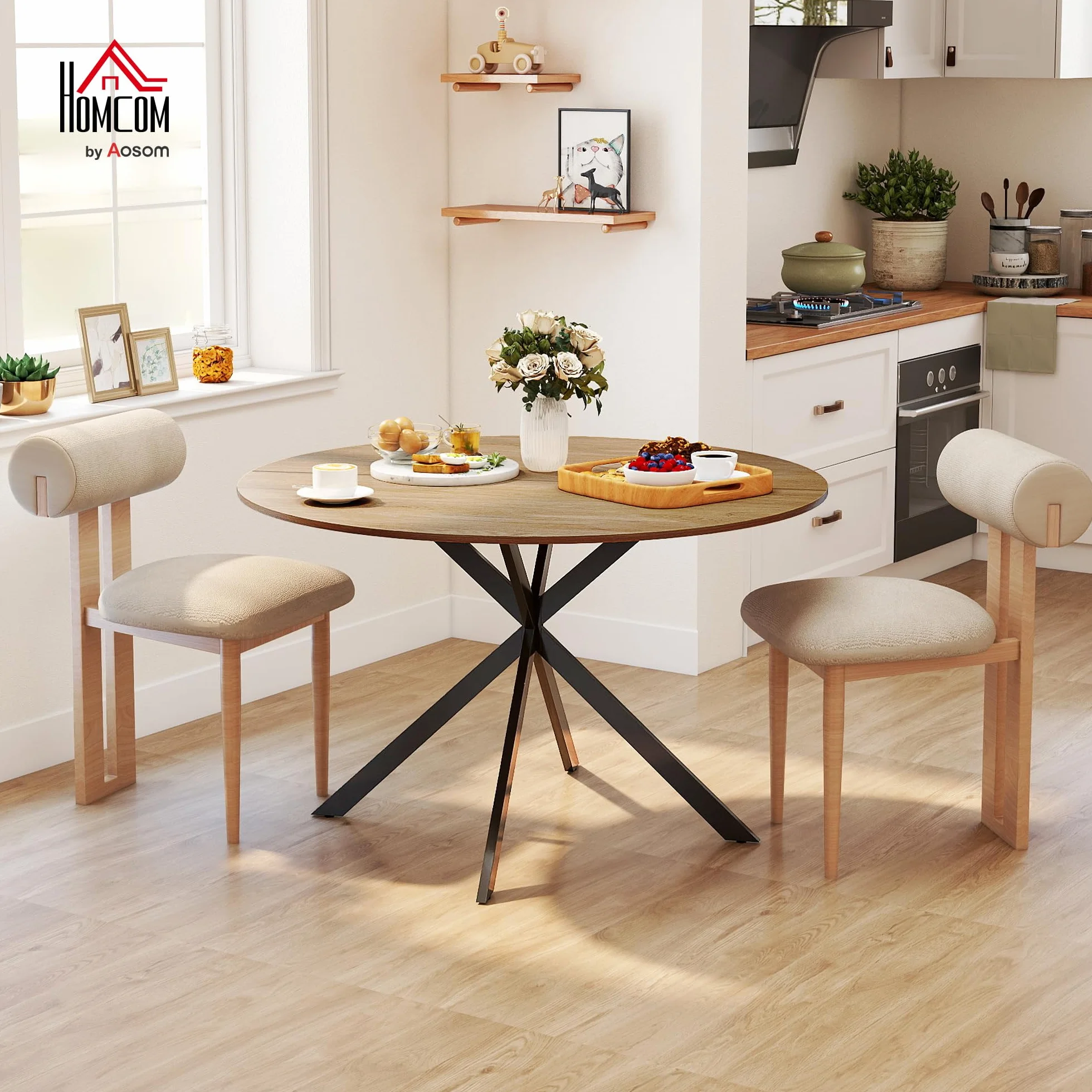 HOMCOM Mesa de Comedor Redonda para 4 Personas, Ø120x75 cm, Mesa de Cocina Industrial con Estructura de Acero, Roble