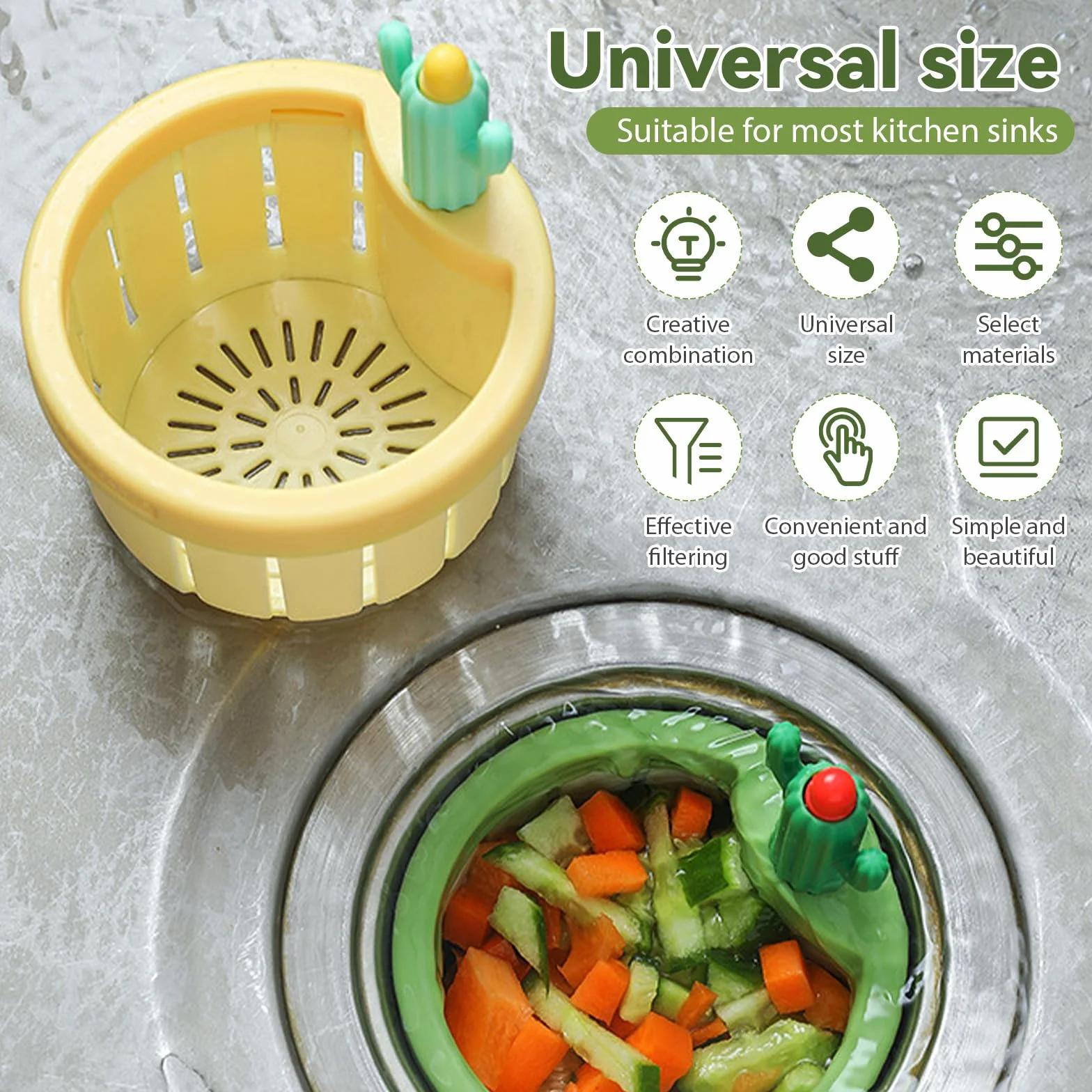 Colador de drenaje para fregadero de cocina con espaciador ampliado, cesta de descarga automática, autolimpieza