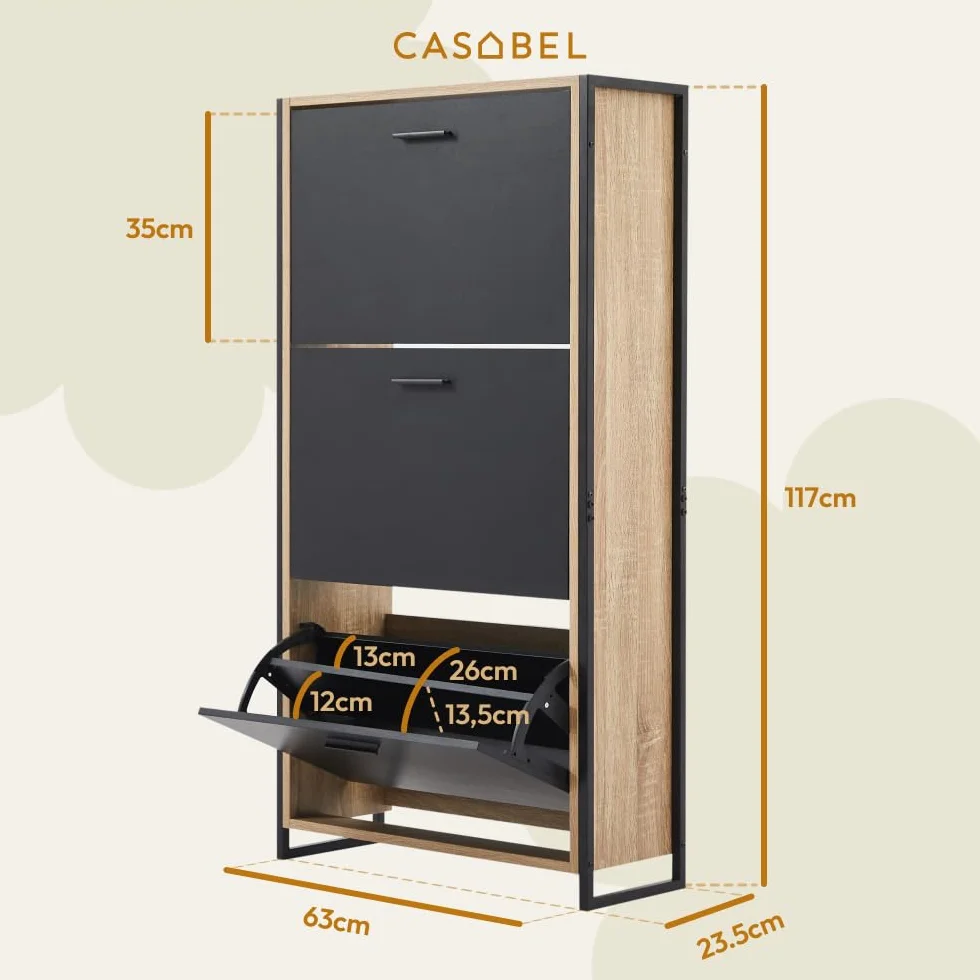 CASABEL Mueble Zapatero 18 Pares, 3 abatibles, Mueble Zapatero de Entrada con Estructura metálica Reforzada Negro, abatibles Madera Clara, instalación rápida, 23,5x63x119cm