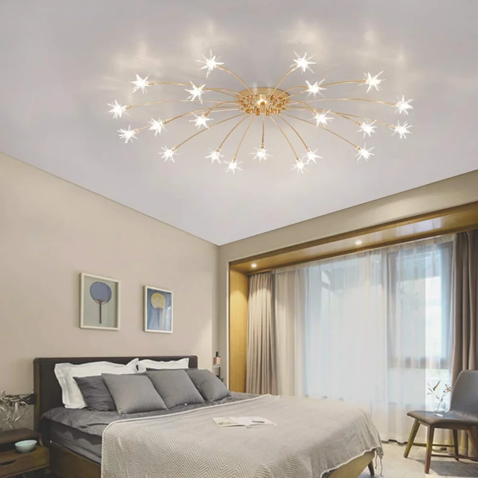Lámpara de Techo de Salón Lámparas Dorado Restaurante Luz de Techo Dormitorio Led Vidrio Estrella Decor Ligero Plafón Romántico Luces Niños Cocina Candelabro de Techo