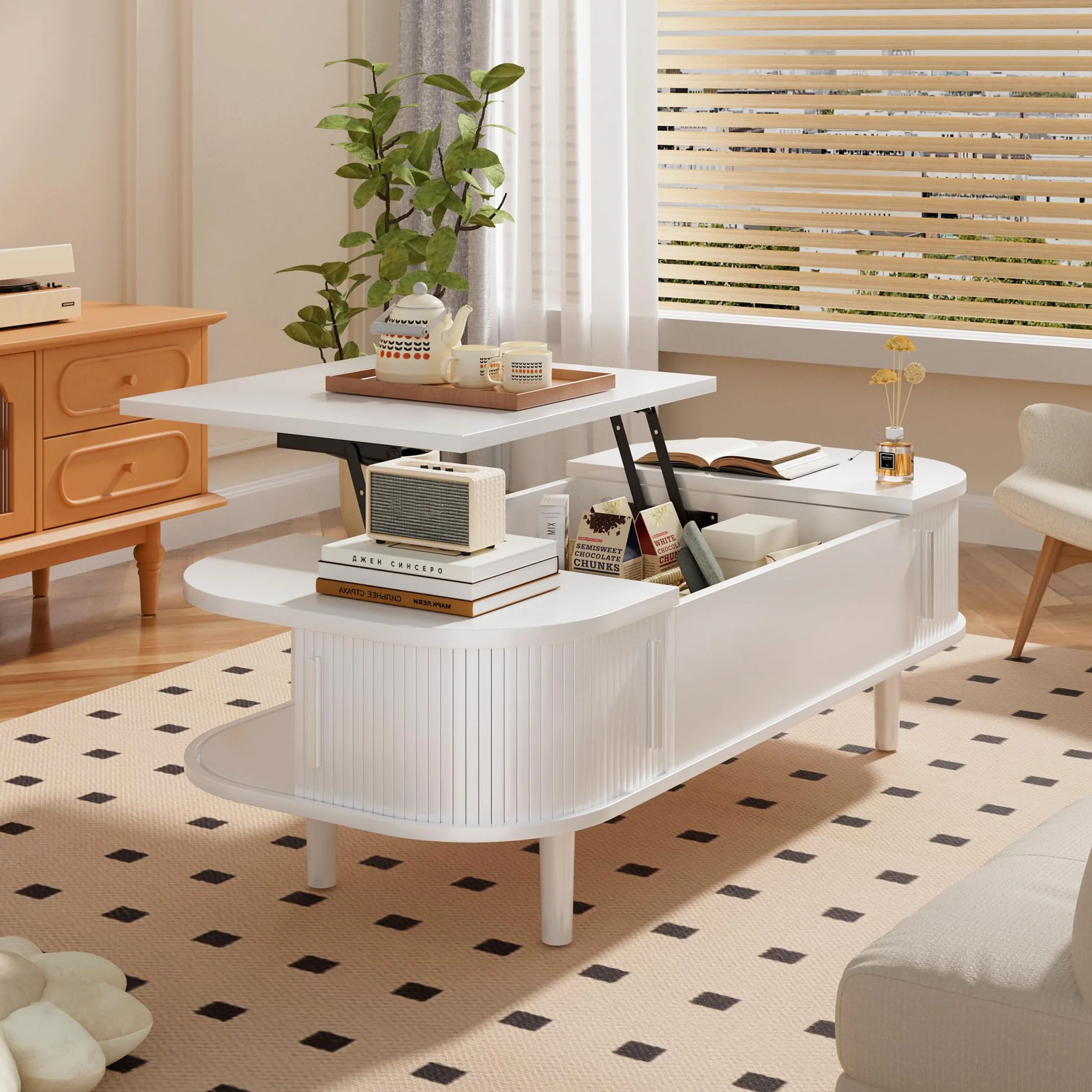 Mesa de Centro con Tapa Elevable – Mesa Central Moderna de Madera con Puerta Corredera y Almacenamiento Oculto, para Salón, Espacios Pequeños, Oficina en Casa
