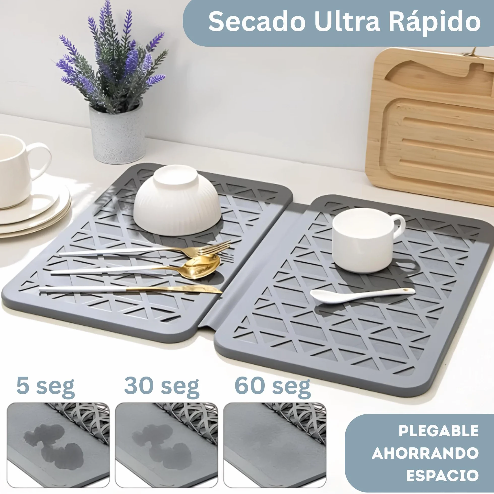 Escurreplatos de Piedra de Diatomita Plegable para Cocina – Secado Ultra Rápido Antibacteriano