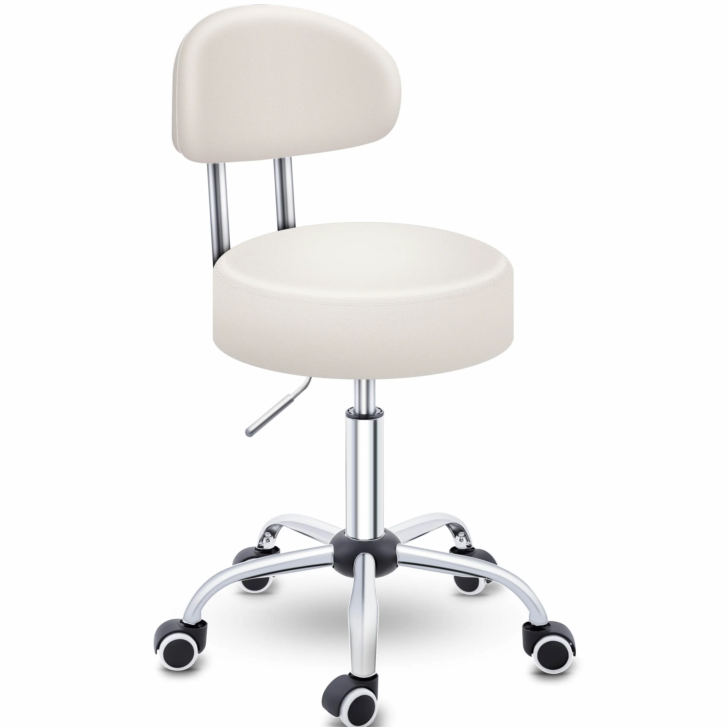 TRESKO Taburete con ruedas con respaldo, color beige, altura regulable 46-58 cm, taburete giratorio con ruedas, silla de oficina, taburete giratorio