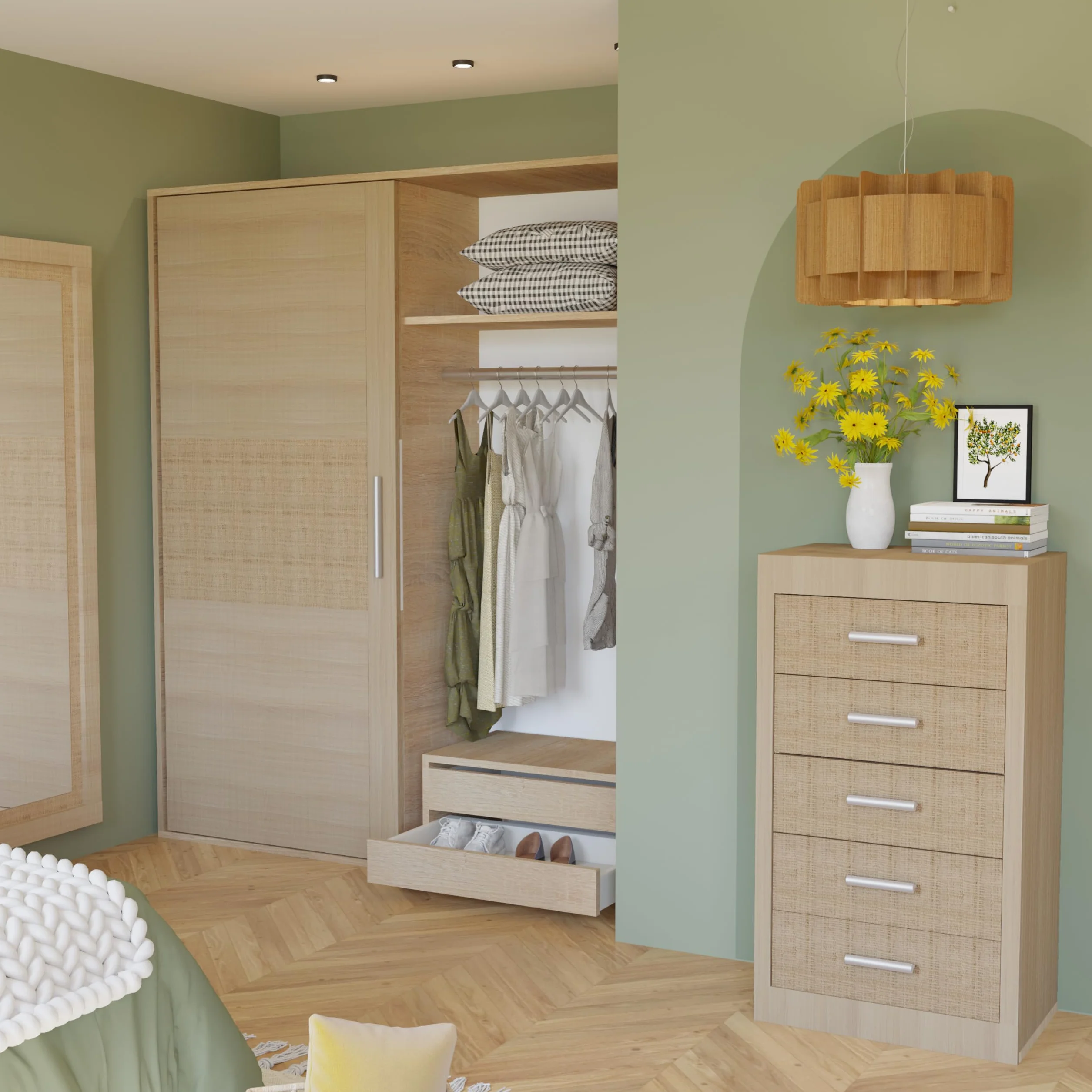 duehome | Pack de Dormitorio con Cabecero + 2 mesitas de Noche + Sinfonier + Espejo + Armario y Cajonera Interior, Dormitorio Completo, Modelo Kira 5c Plus, Acabado en Tofe y Textil