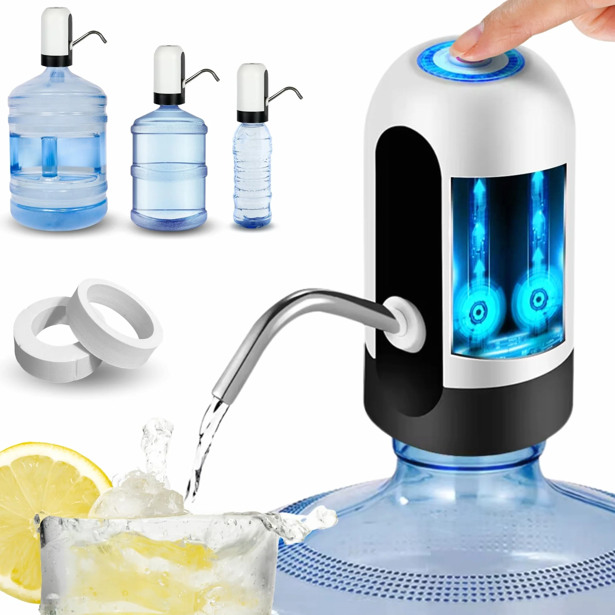 Dispensador de Agua, Grifo eléctrico para garrafas de Agua fría, Bomba dosificadora con Dos adaptadores. 5.7L, 10L, 11.3L, 15L, 18.9L.