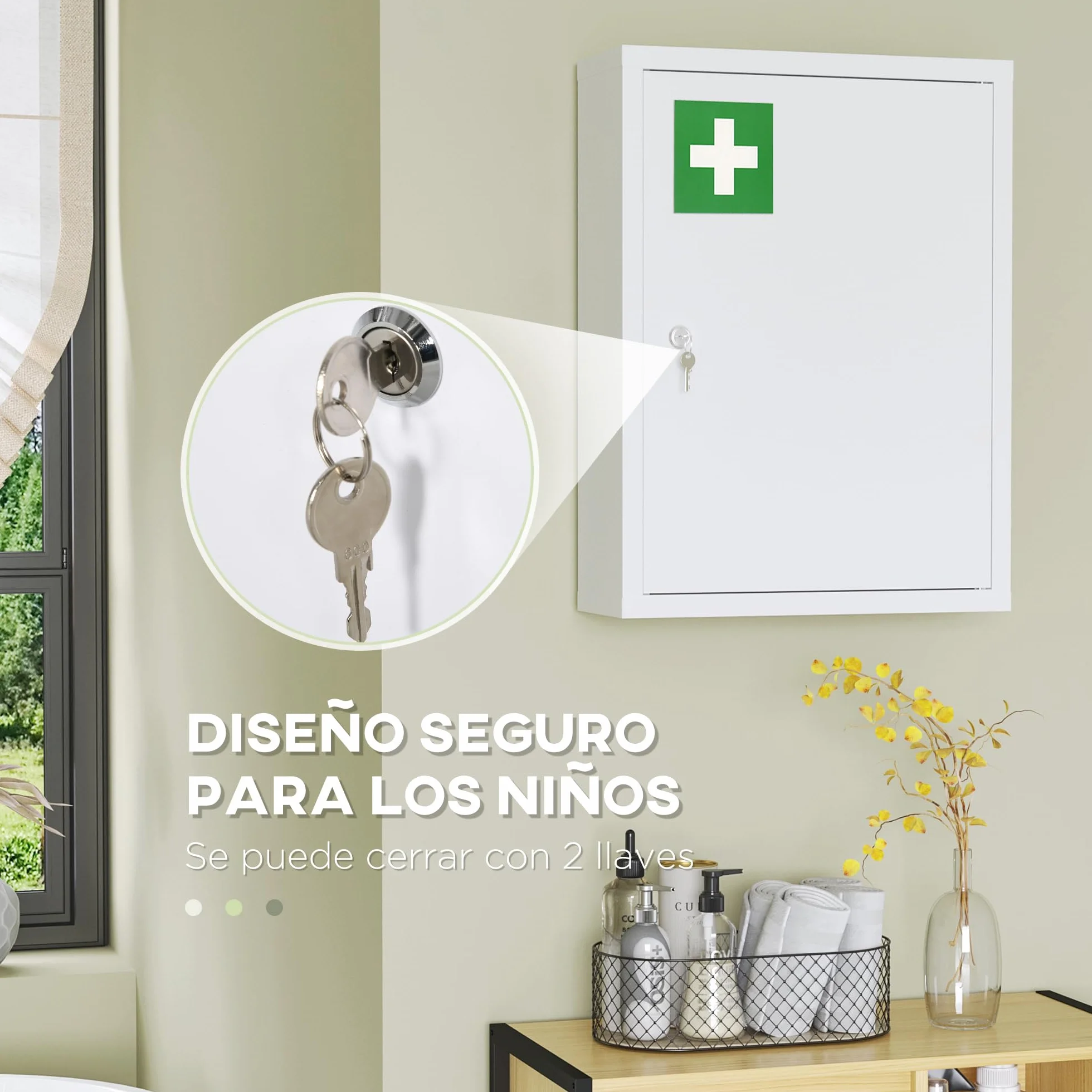Kleankin Botiquín de Pared de Acero Primeros Auxilios 3 Niveles Armario Baño Cerradura 40x15x53,5 cm Blanco