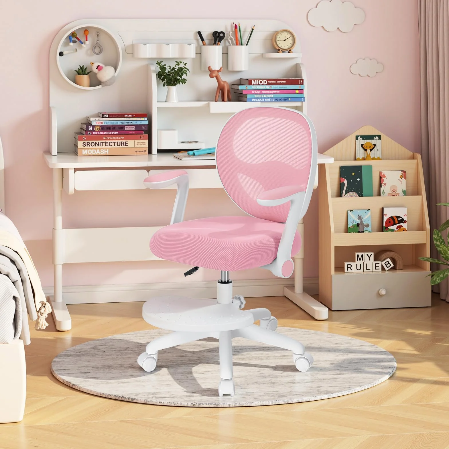 HOFFREE Silla de escritorio para niños, ergonómica, con reposabrazos plegable y reposapiés, giratoria, para niños y niñas, silla de mesa de malla para dormitorio, libros, rosa