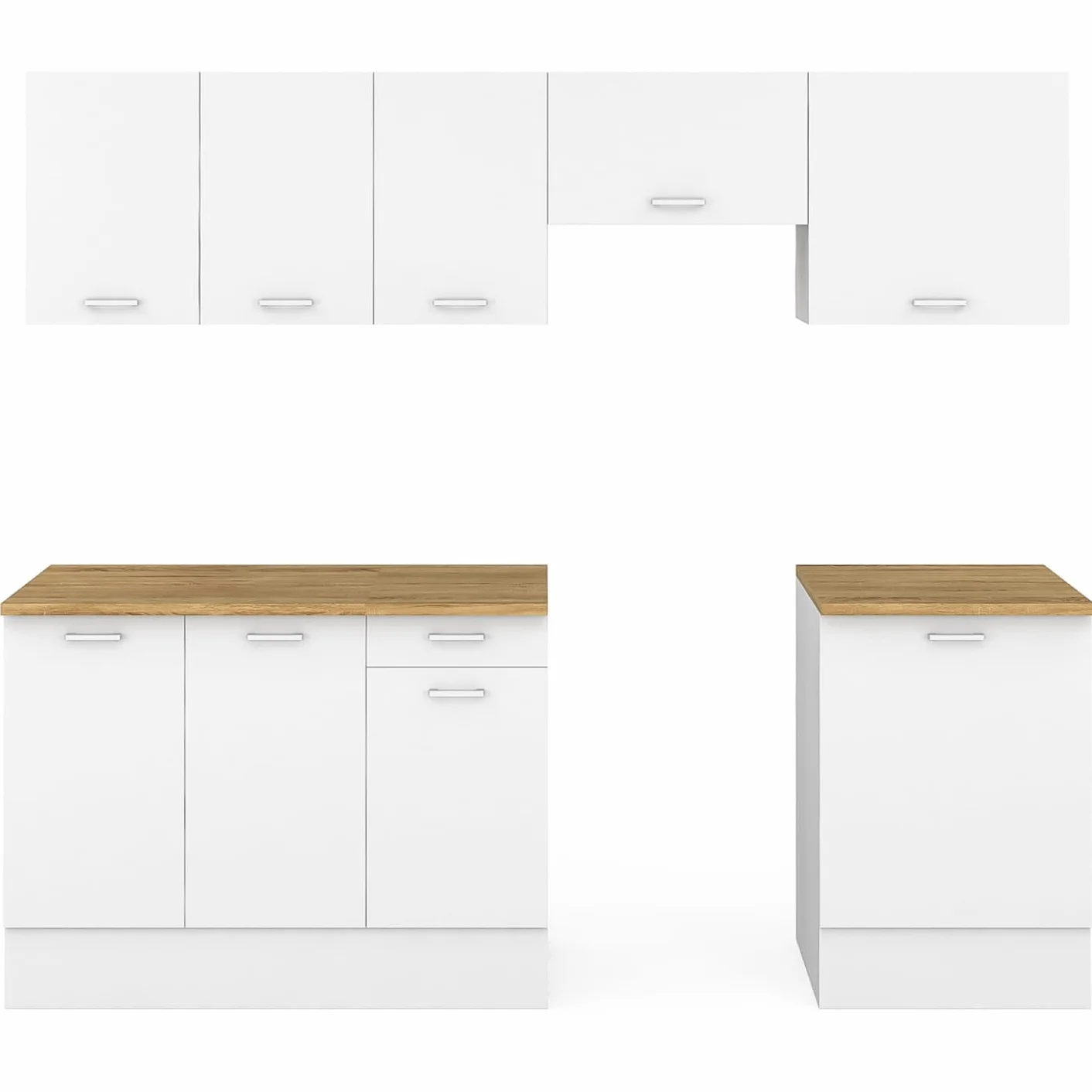IDMarket - Cocina completa 240 cm sutil con encimera 7 elementos blanco y bandejas de madera
