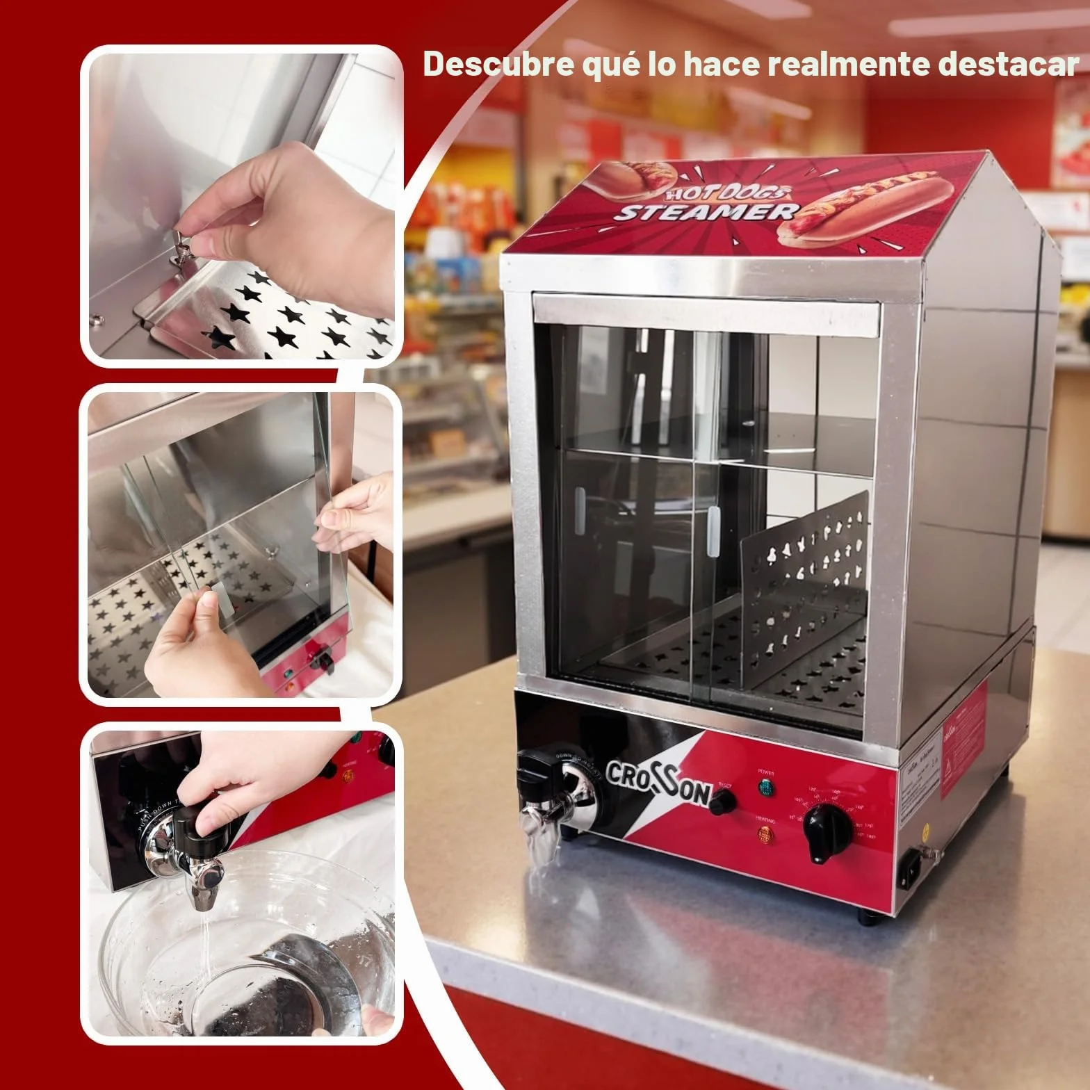 CROSSON Profesional Hot Dog Steamer 42L,1200W Hotdog Steamer Machine con bollo calentador de acero inoxidable gran capacidad 175 perros calientes y 50 rollos con puertas correderas