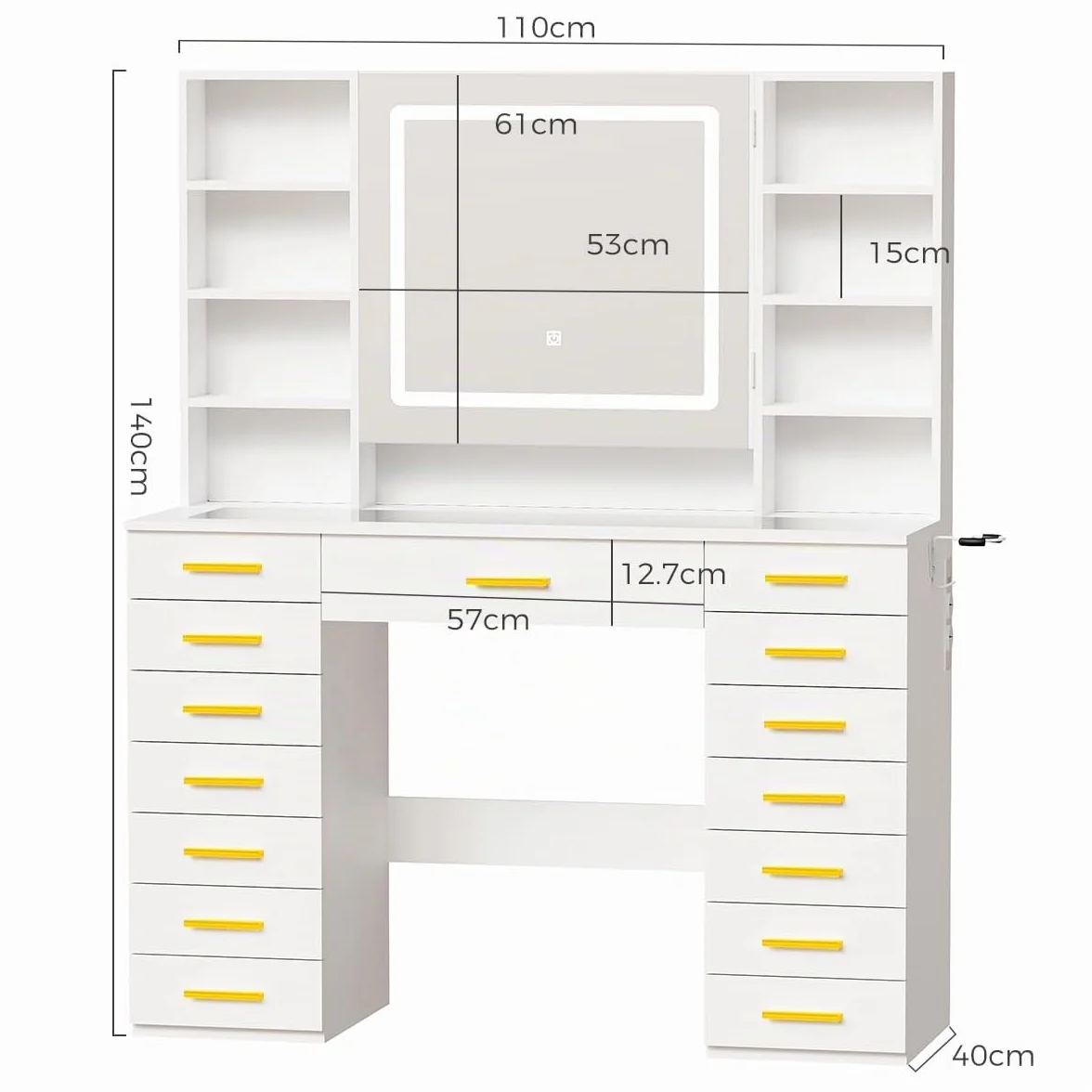 ANWBROAD Grande Tocador con Espejo y Luces LED, Brillo Ajustable,Tapa de Vidrio y Enchufes, Moderno Mesa de Maquillaje con 15 Cajones 9 Estantes Abiertos 8 Ganchos,Tocador de Maquillaje Blanco BDT25W