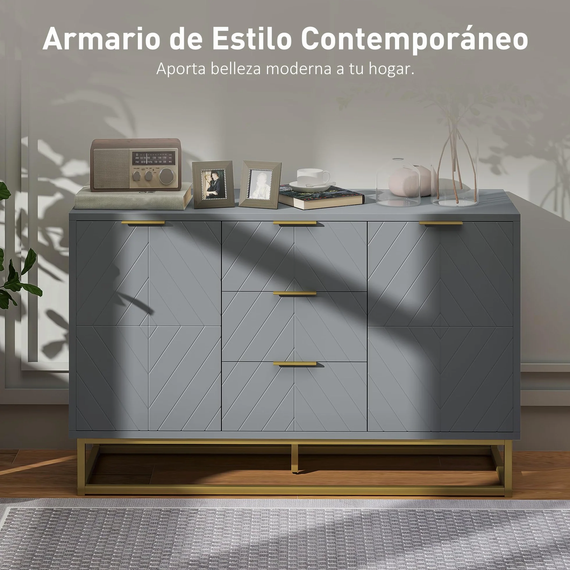 HOMCOM Aparador Moderno Aparador para Salón con 3 Cajones 2 Puertas y Estante Ajustable Mueble Auxiliar para Salón Cocina Antivuelco 120x40x76 cm Gris
