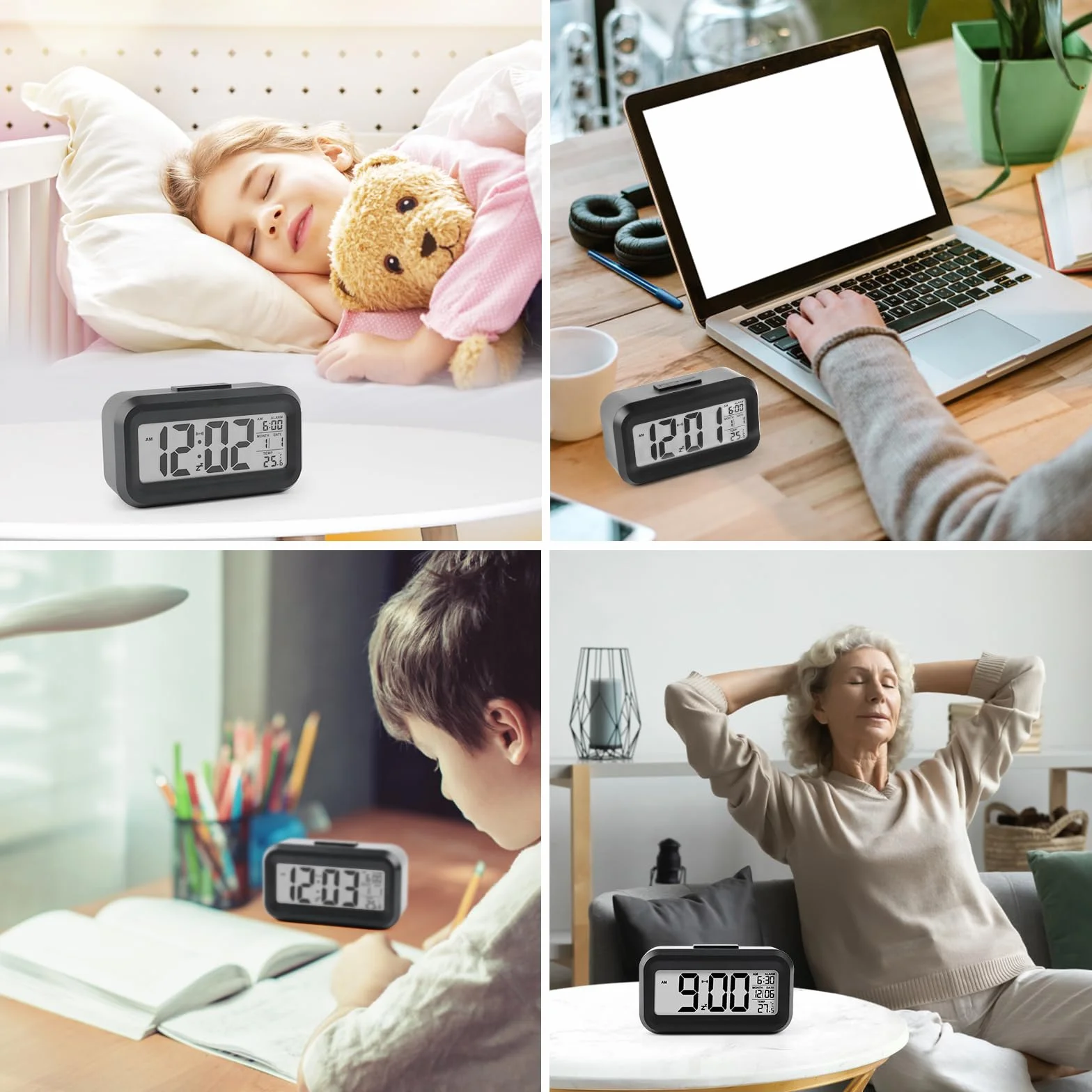VFANDV Despertador Digital, LCD Reloj Despertador Digital con Termómetro Función Snooze Reloj Inteligente de Cabecera a Pilas Reloj de Mesa de Viaje para Sala de Oficinas Familiares
