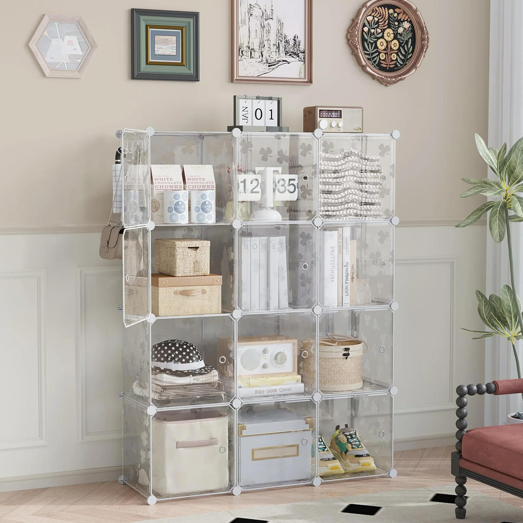C&AHOME Organizador de Almacenamiento de 12 Cubos, Estante Modular de Plástico Transparente para Dormitorio y Sala