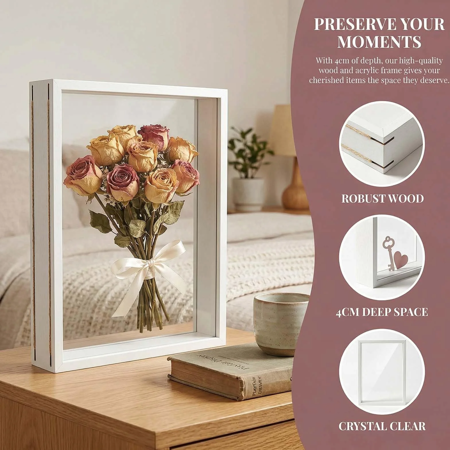 Marco de Fotos 3D Profundo 4cm para Rellenar, Caja de Sombra para Medalla Flor (21x29,7cm Blanco)