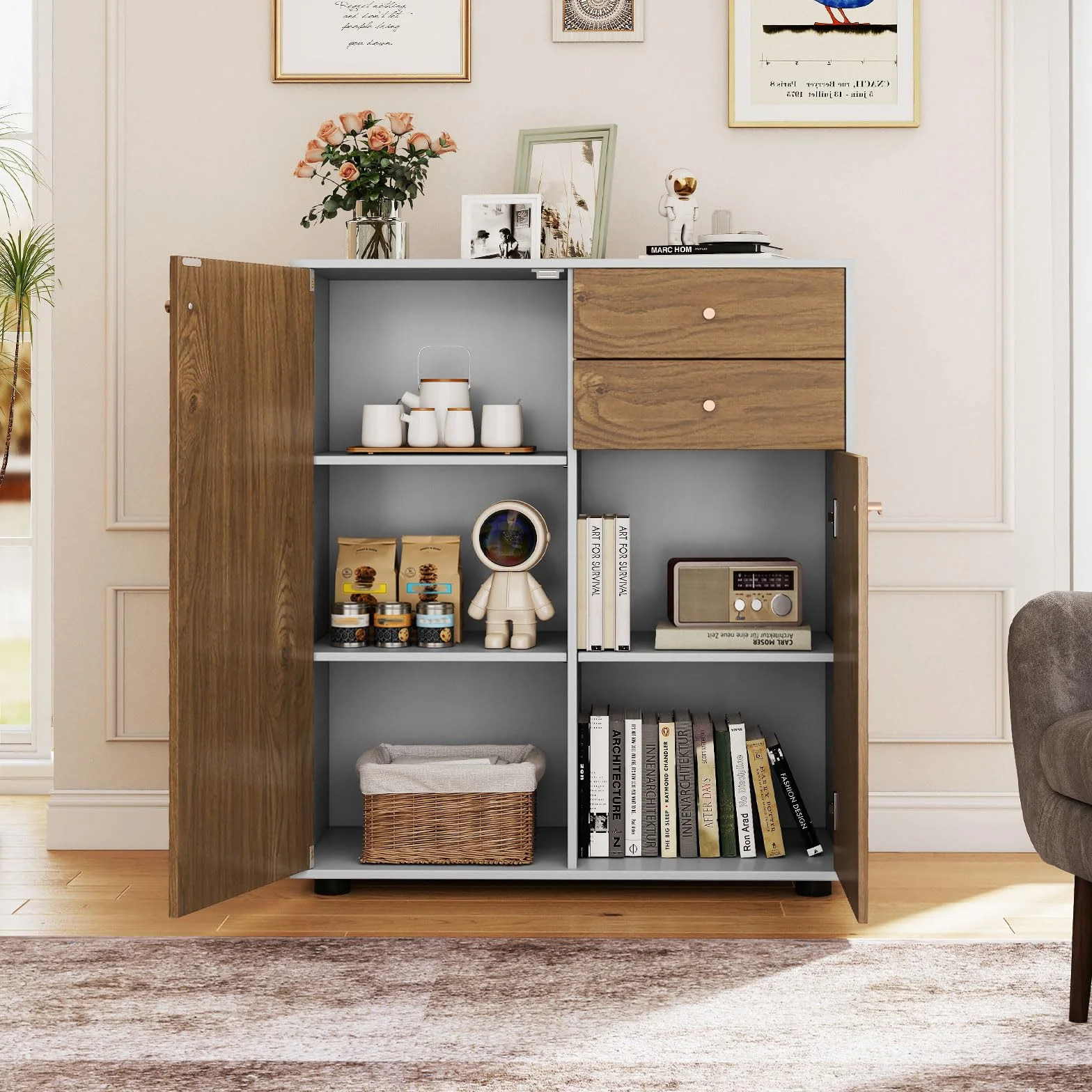 GIANTEX Aparador de Cocina, Armario Buffet con 2 Puertas y 2 Cajones, 3 Estantes Extraíbles y Ajustables, 74 x 35 x 85,5 cm, Mueble de Almacenamiento para Entrada, Salón, Comedor (Natural+Blanco)