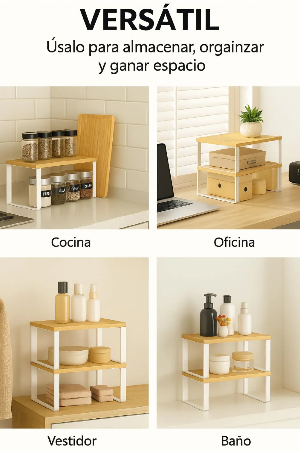 Estante de Cocina Organizador, Juego de 2, Soporte Apilable de Armario y Encimera, Estantería de Almacenamiento de Metal y Madera Técnica, Blanco