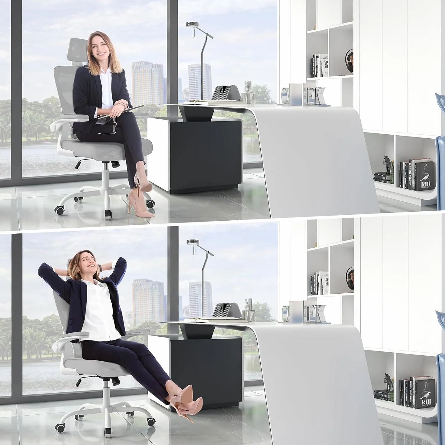 Silla Oficina Ergonómica con Soporte Lumbar Dinámico, Reposabrazos Abatibles, Ajuste de Altura, Balanceo 120°, Gris