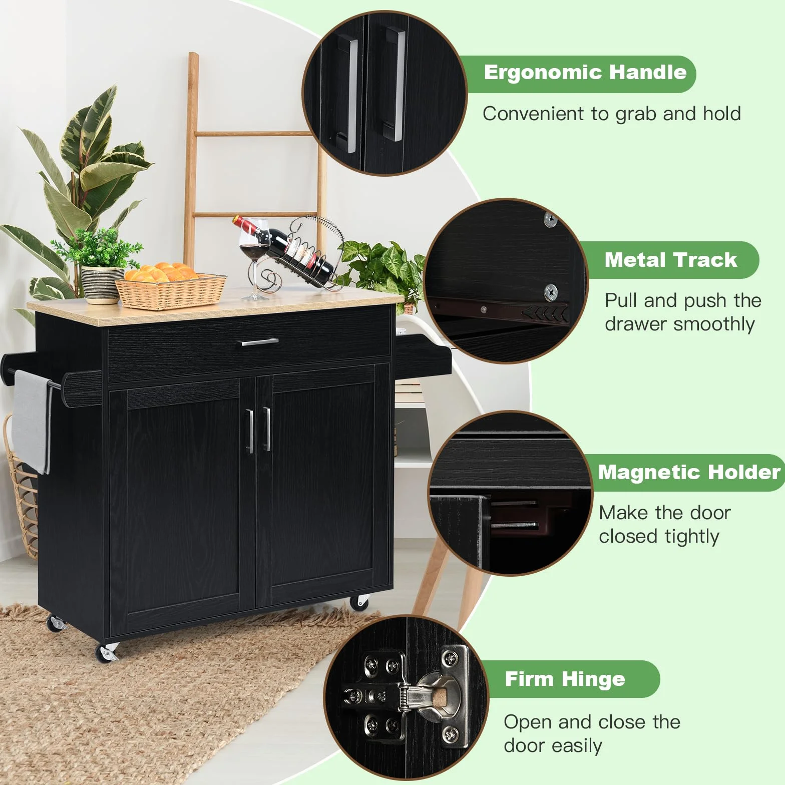 KOMFOTTEU Carro de Cocina Auxiliar, Carrito de Servicio con Cajón y Estante Ajustable, Estantería Móvil de Comedor con Ruedas Universales con Freno, de Madera, 116 x 40 x 85 cm (Black)