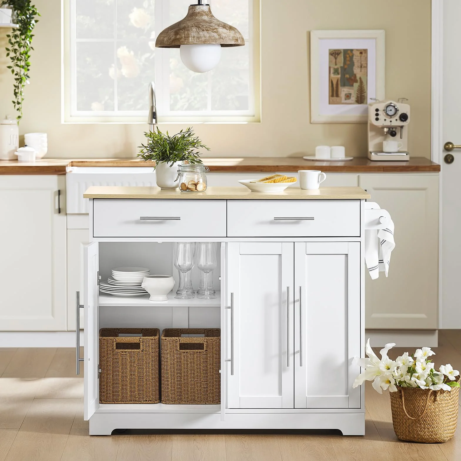 SoBuy Isla Cocina con Ruedas Carro de Cocina con Encimera Extensible Mueble Auxiliar de Cocina con 2 Cajones y Estantes Ajustables, Ideal para Cocinas Pequeñas Blanco 113 × 44–69 × 91 cm FKW129-WN