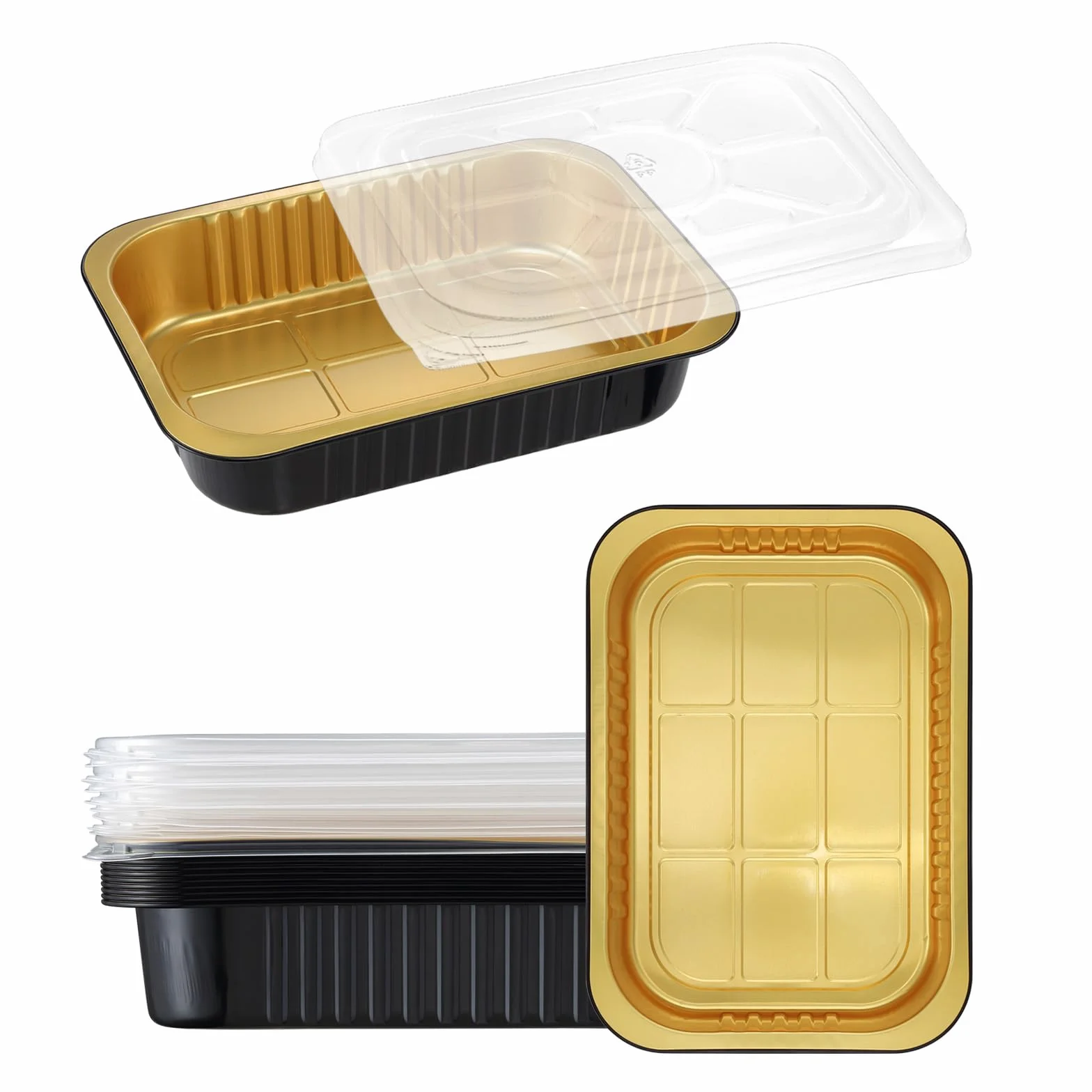 Black & Gold - Moldes desechables de aluminio con tapas, 11 x 7.7 pulgadas, paquete de 10, 2 moldes para hornear más gruesos y resistentes a la grasa para calefacción, catering, preparación de