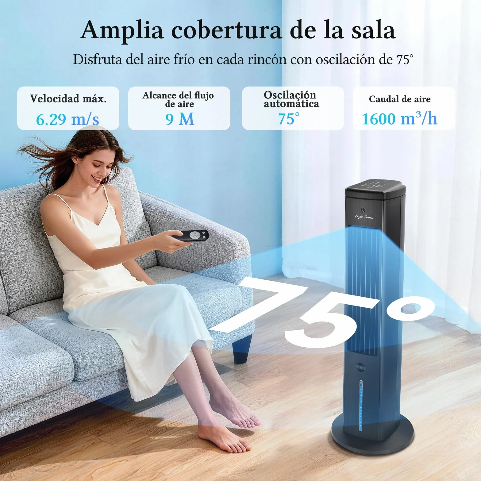 Taylor Swoden Climatizador Evaporativo Silencioso 5 en 1 con Tecnología ION y Difusor de Aromas, Enfriador de Aire, 5L, Oscilación 75°, 3 Velocidades/Modos, Temporizador 7h, Mando a Distancia, Negro