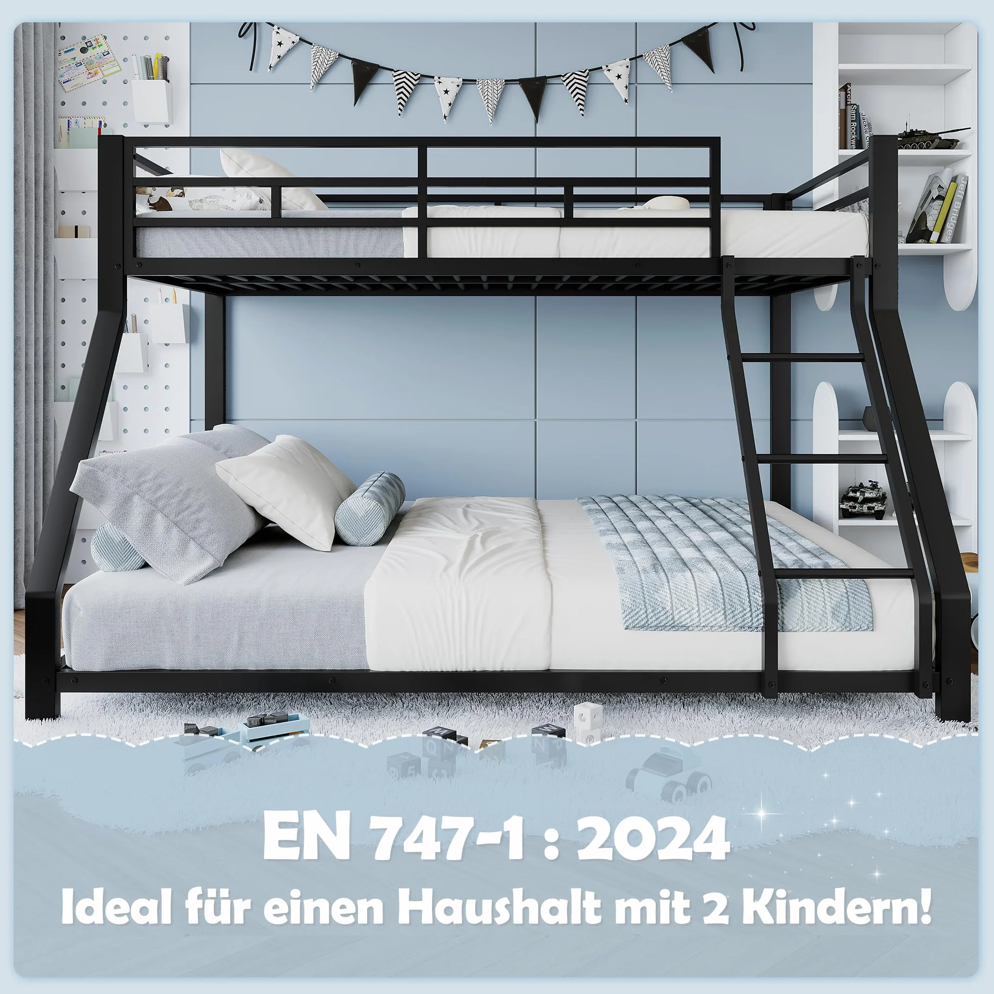 Litera doble para niños, barandilla, con escalera segura, sin colchón, diseño elegante, adecuado para cualquier decoración de habitación infantil, metal, 90 x 200 cm, 140 x 200 cm (negro)