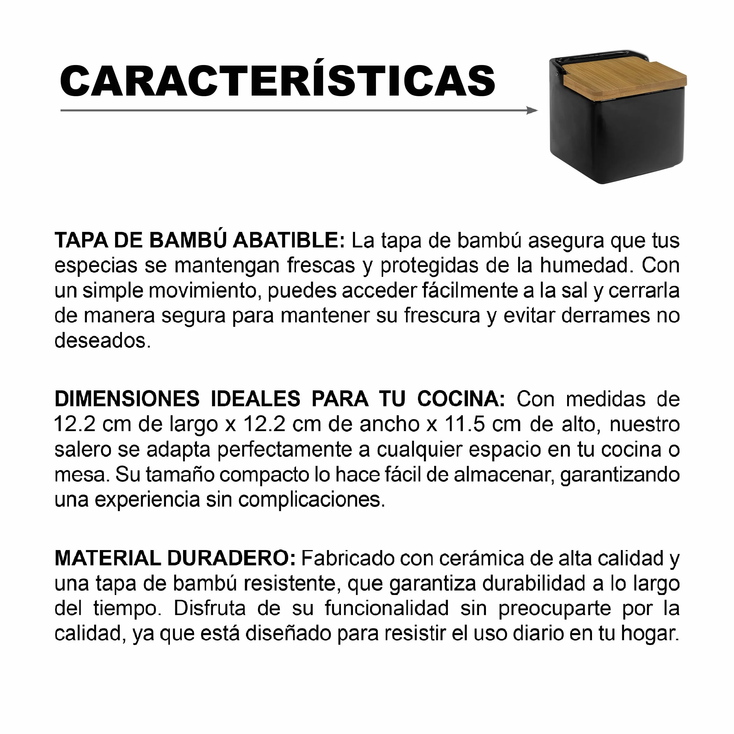 Salero de Cocina de Cerámica con Tapa de Bambú Negro Mate 12,2 x 12,2 x 11,5 cm