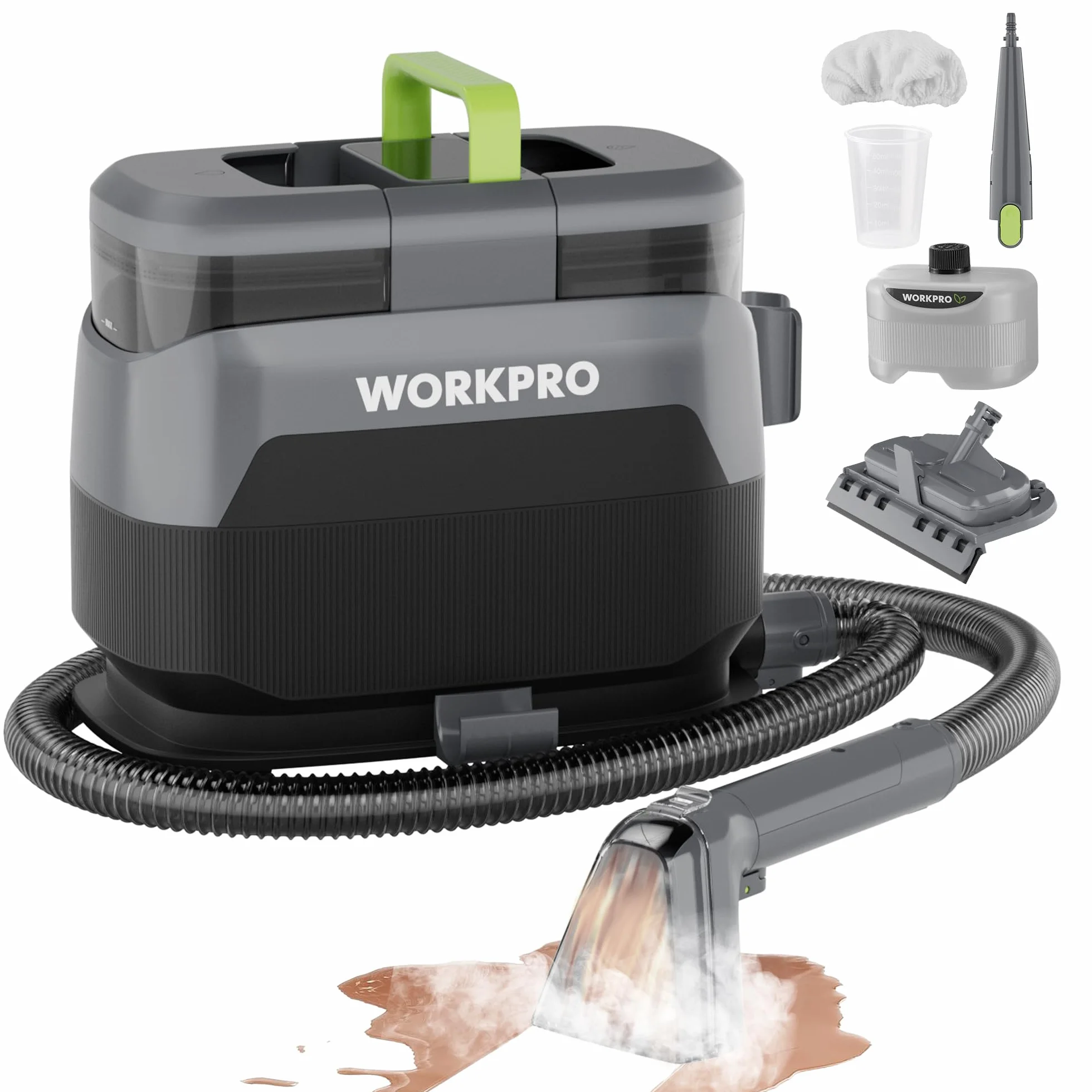WORKPRO Limpiador de Tapicerías y Alfombras a Vapor con Aspirador 4 en 1, Potente Succión 16 kPa, Accesorios para Suciedad de Mascotas, Sofás, Colchones, Cortinas, Asientos de Coche