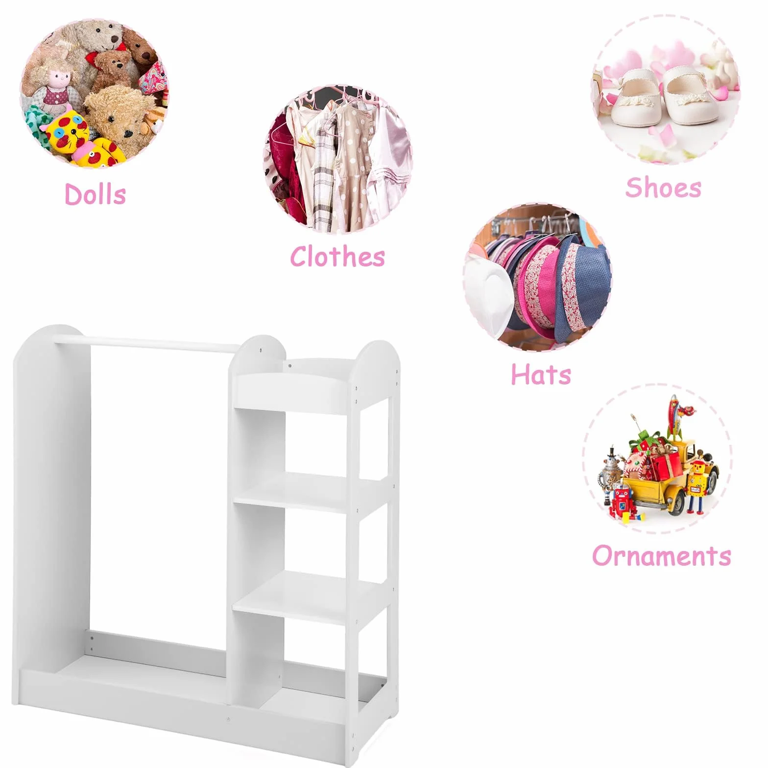 LIFEZEAL Armario Infantil de Ropa con Perchero y 4 Estantes, Organizador de Madera con Espejo Entero, 93,5 x 38 x 100 cm