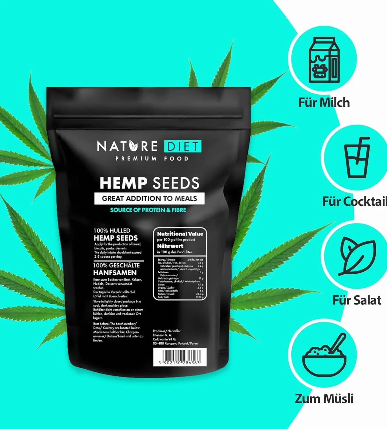 Nature Diet Semillas de Cáñamo Peladas 500 g Ricas en Proteínas Fibra Vegano Sin Gluten Sin Lactosa