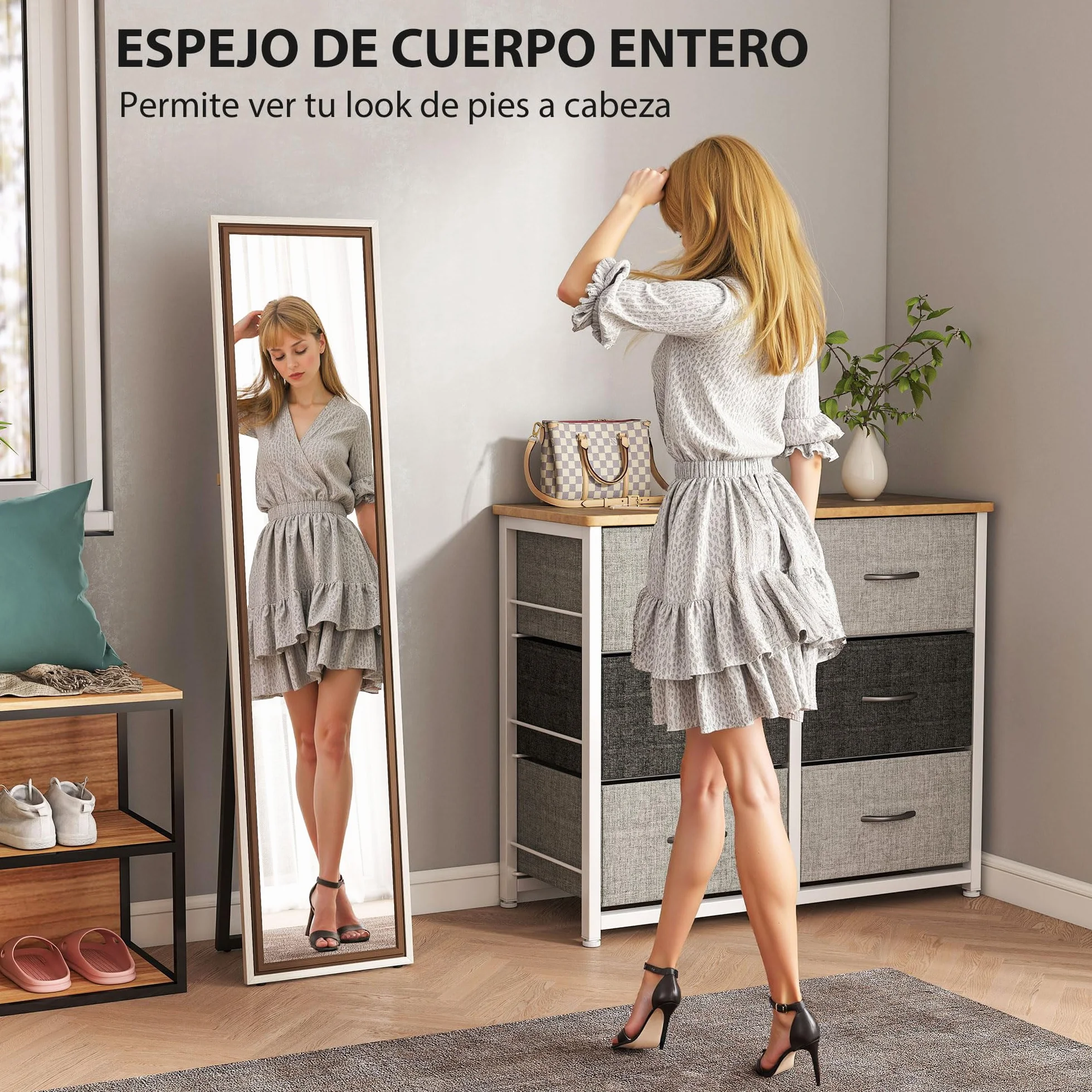 HOMCOM Espejo de Pie Cuerpo Entero 157x37 cm, Espejo Grande de Pared con Marco Bicolor, de Pie, Inclinado o Colgante, para Salón, Dormitorio, Pasillo, Entrada, Blanco y Marrón Oscuro