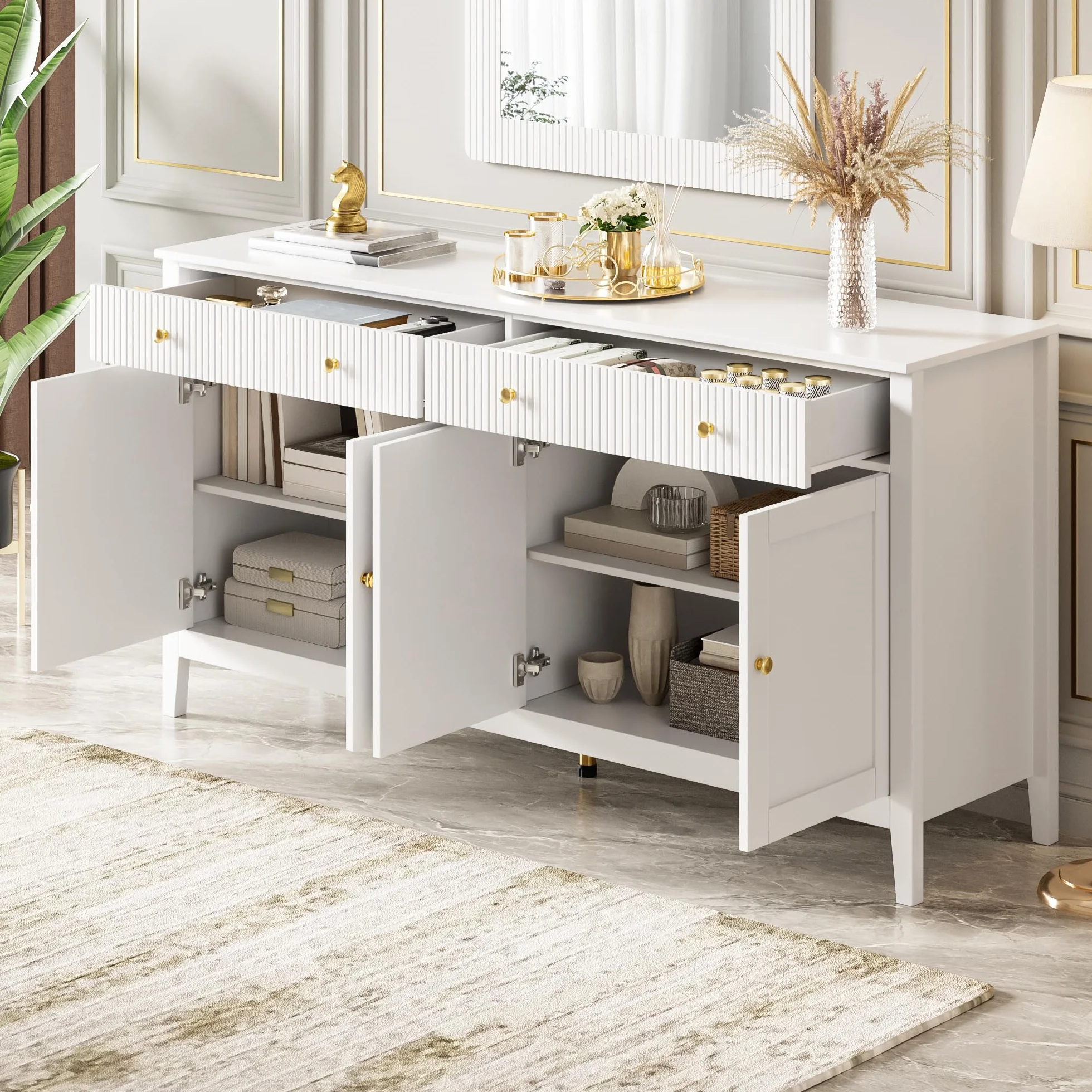 Aparador Blanco Elegante con 2 Cajones y 4 Puertas, Armario Cocina Aparadores para Salon con Estante y 5 Patas, Aparador Entrada Mueble Auxiliar Comedor, 160x40x82 cm, Blanco