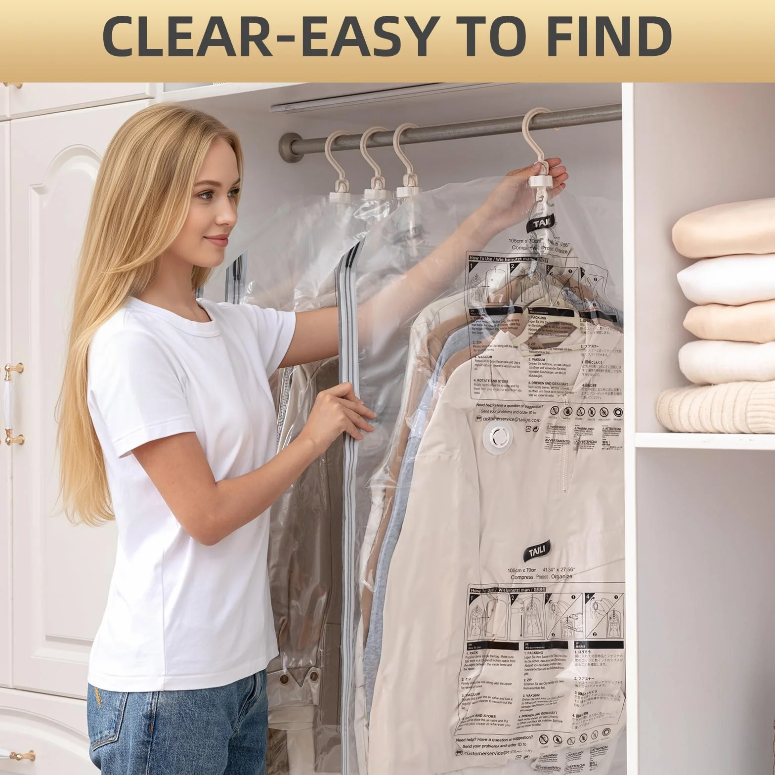 TAILI Bolsas de Almacenamiento al Vacío para Colgar, 4 Paquetes 105×70 cm, Organizar Armarios