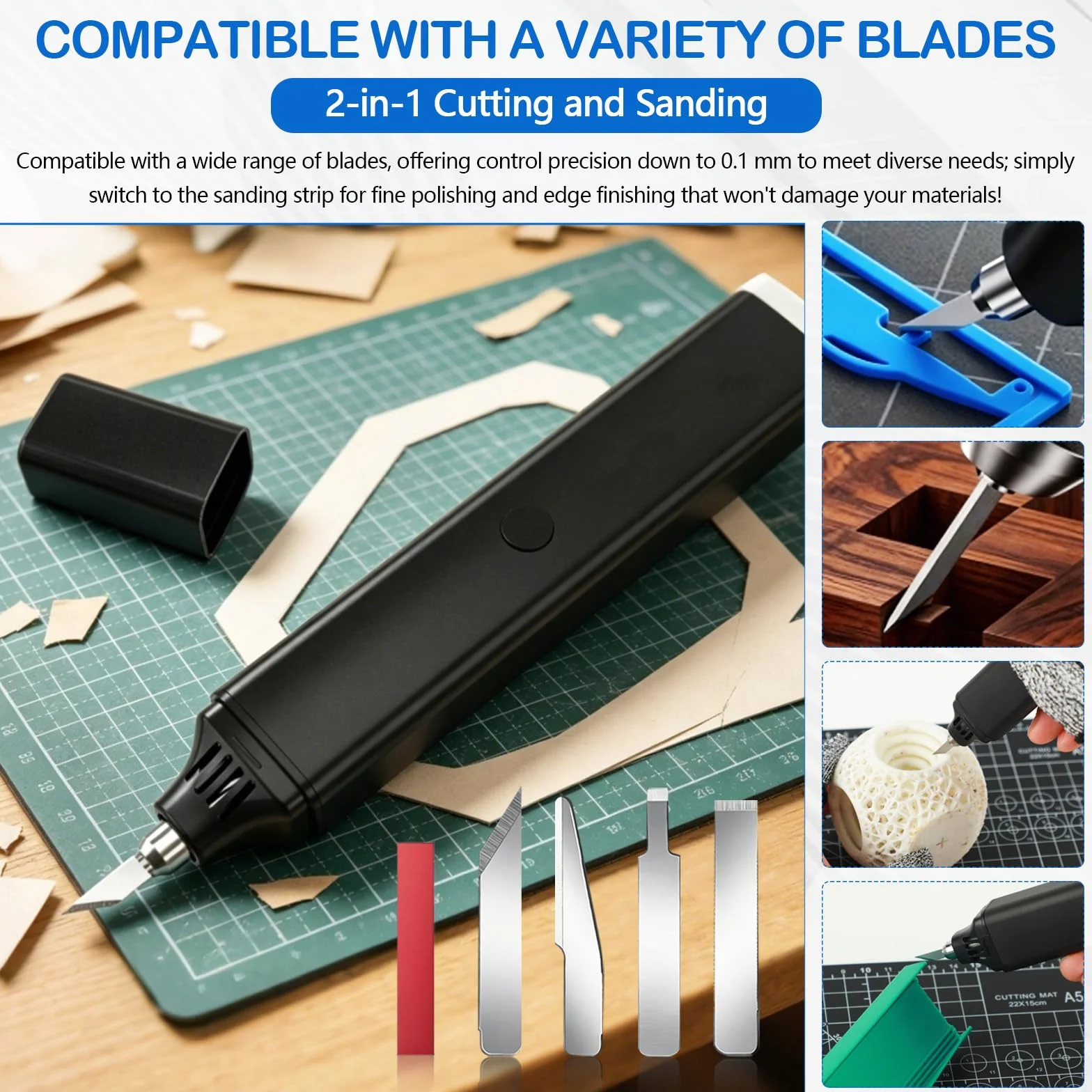 Cuchillo Cortador Ultrasónico, Cutter Profesional 2 en 1 con 70 Cuchillas Bolígrafo de Corte Ultrasónico de 45 W con Dos Niveles de Intensidad para Cortar Plástico Madera Resina y PVC