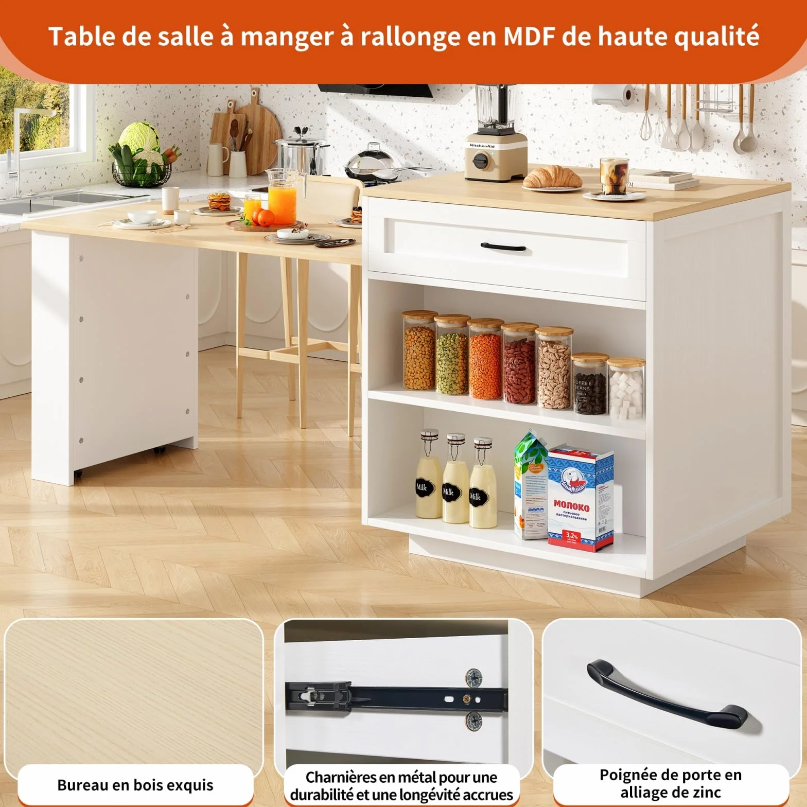YEHTOKHOME Isla Central Cocina con ruedas y almacenamiento, mesa de comedor extensible 133-202 cm, aparador cocina con 2 cajones, estantes laterales, mesa de bar (blanco-2)