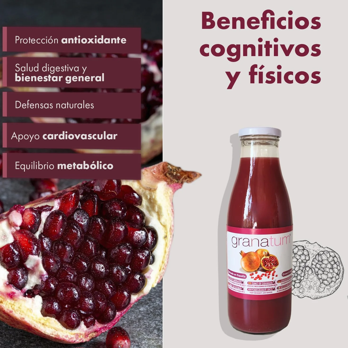 Granatum Plus Pack de 6 Botellas de Zumo de Granada Natural 750ml 100% Exprimido Sin Azúcares Añadidos