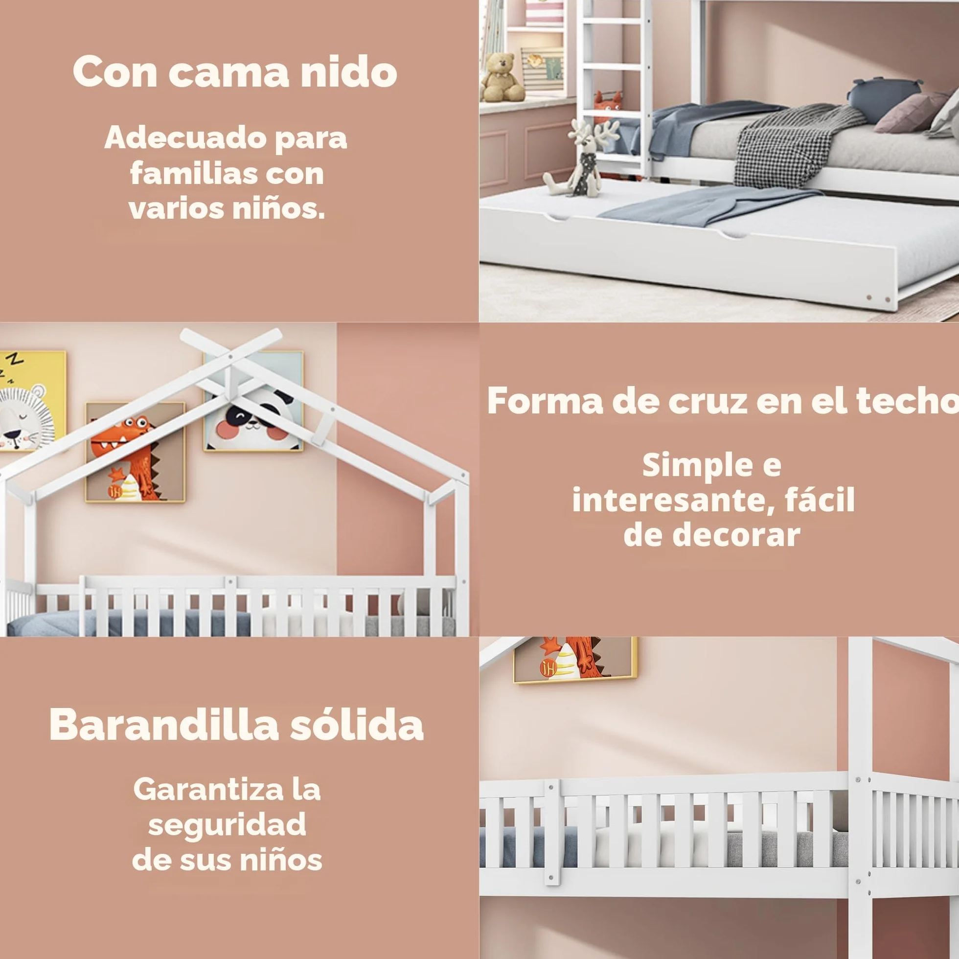 Azkoeesy Litera Infantil con Cama Nido para 3 niños o Adultos, Forma de casita, con protección anticaídas, somier, Escalera, Material Pino, Color Blanco, 90 x 200 cm - N634W0001A
