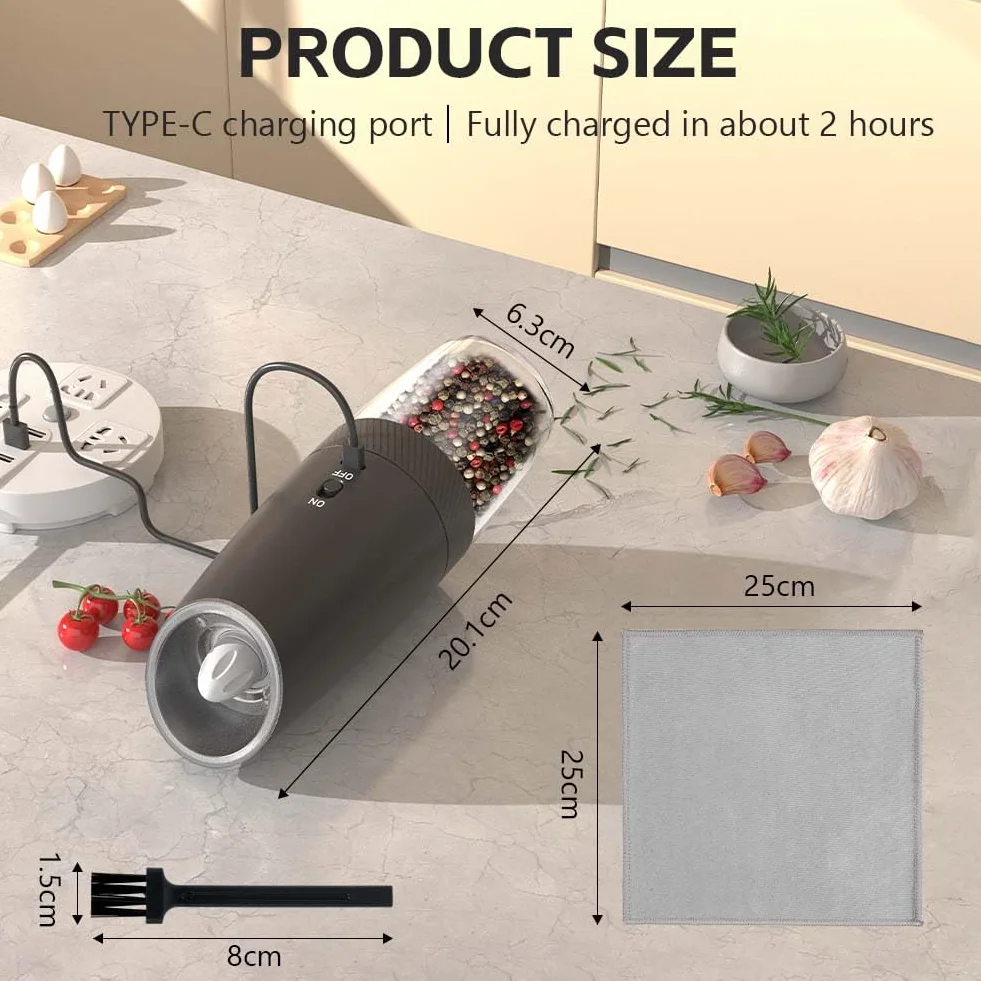 HOTUT 2 Piezas Molinillo Pimienta Electrico, Núcleo de Cerámica Grosor Ajustable Molino de Especias con Luz LED, Détection de la gravité, Recargable por USB, con Cepillo y Paño de Limpieza - Negro