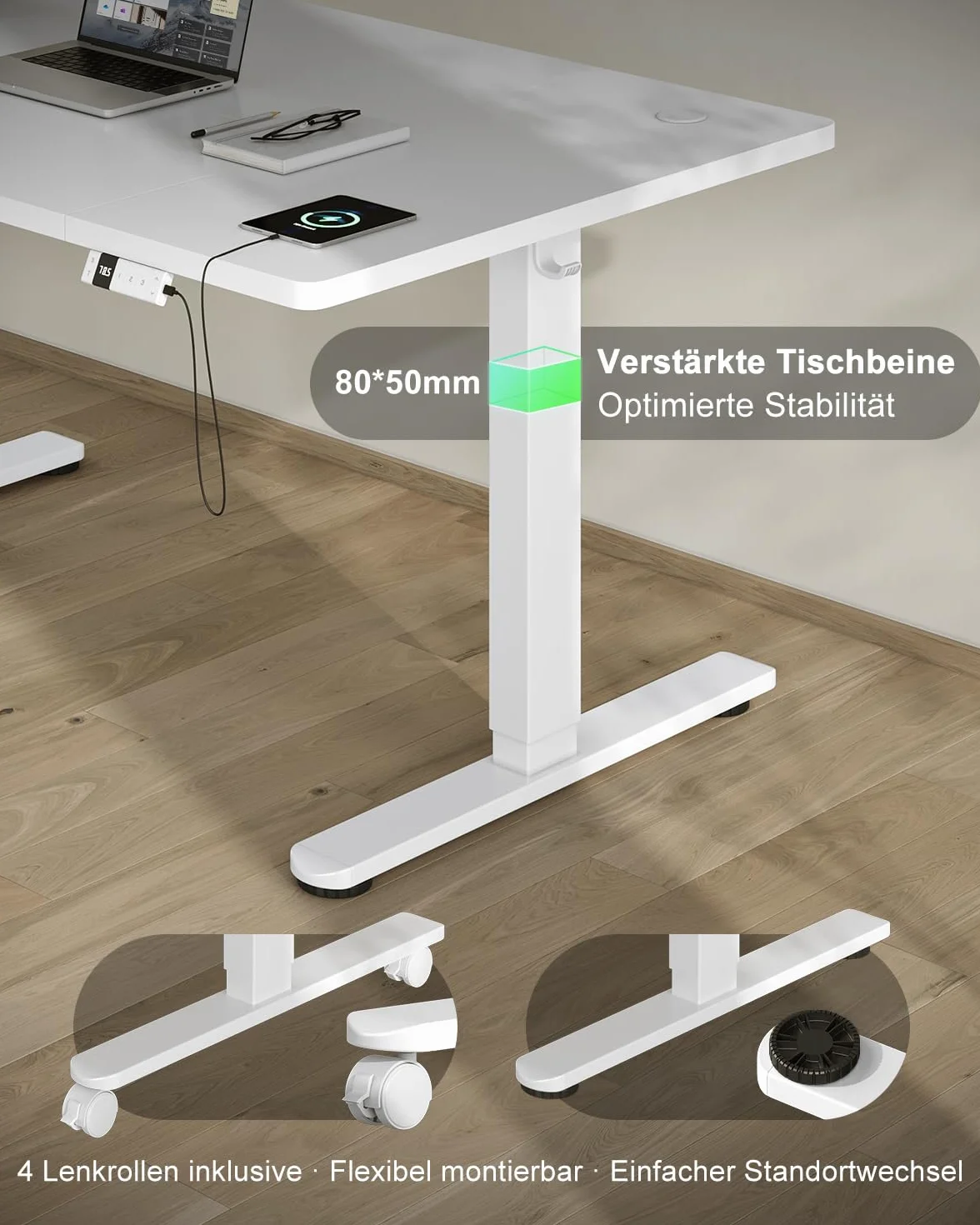 Devoko Escritorio Elevable 120x80cm con Tablero de 18 mm, Ruedas y Puerto Type-C, Escritorio Eléctrico, Regulable en Altura con Bandeja de Gestión de Cables (Blanco)