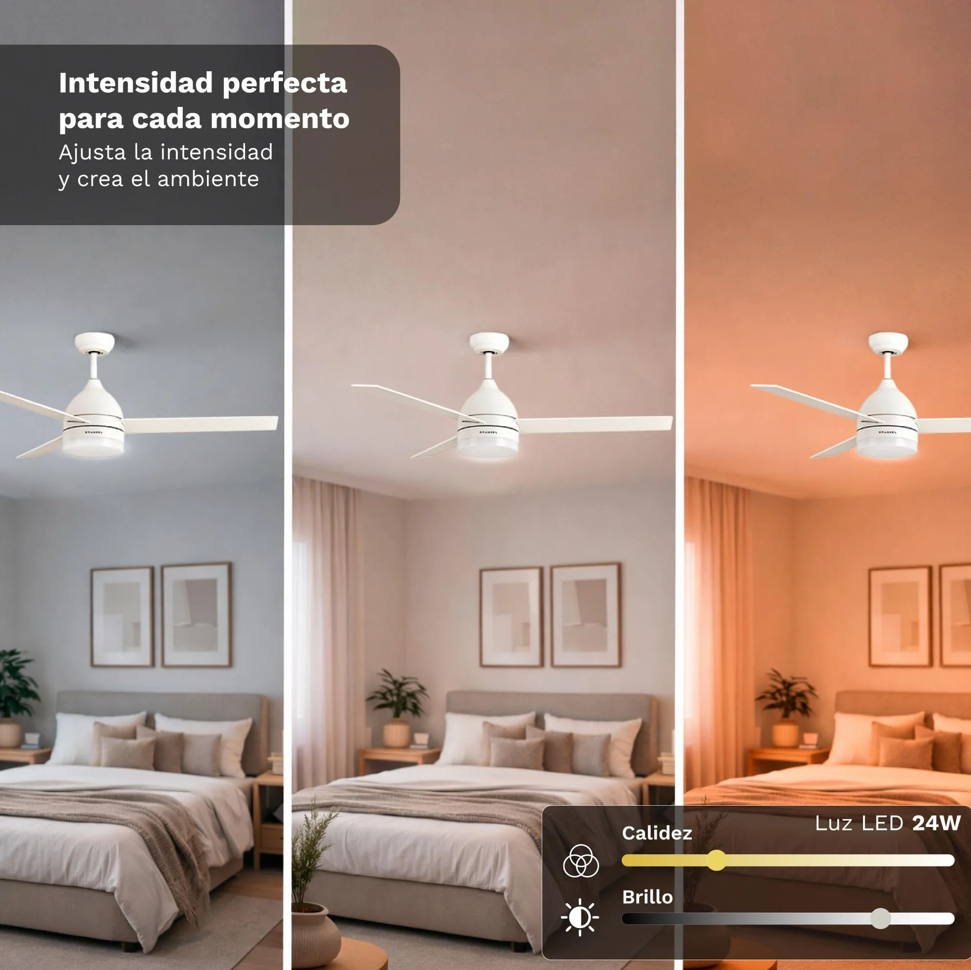 Grunkel - Ventilador de Techo con luz LED y aspas instalación reversibles blanco y madera - Mando a distancia. 6 velocidades. Temporizador 8h - 35W