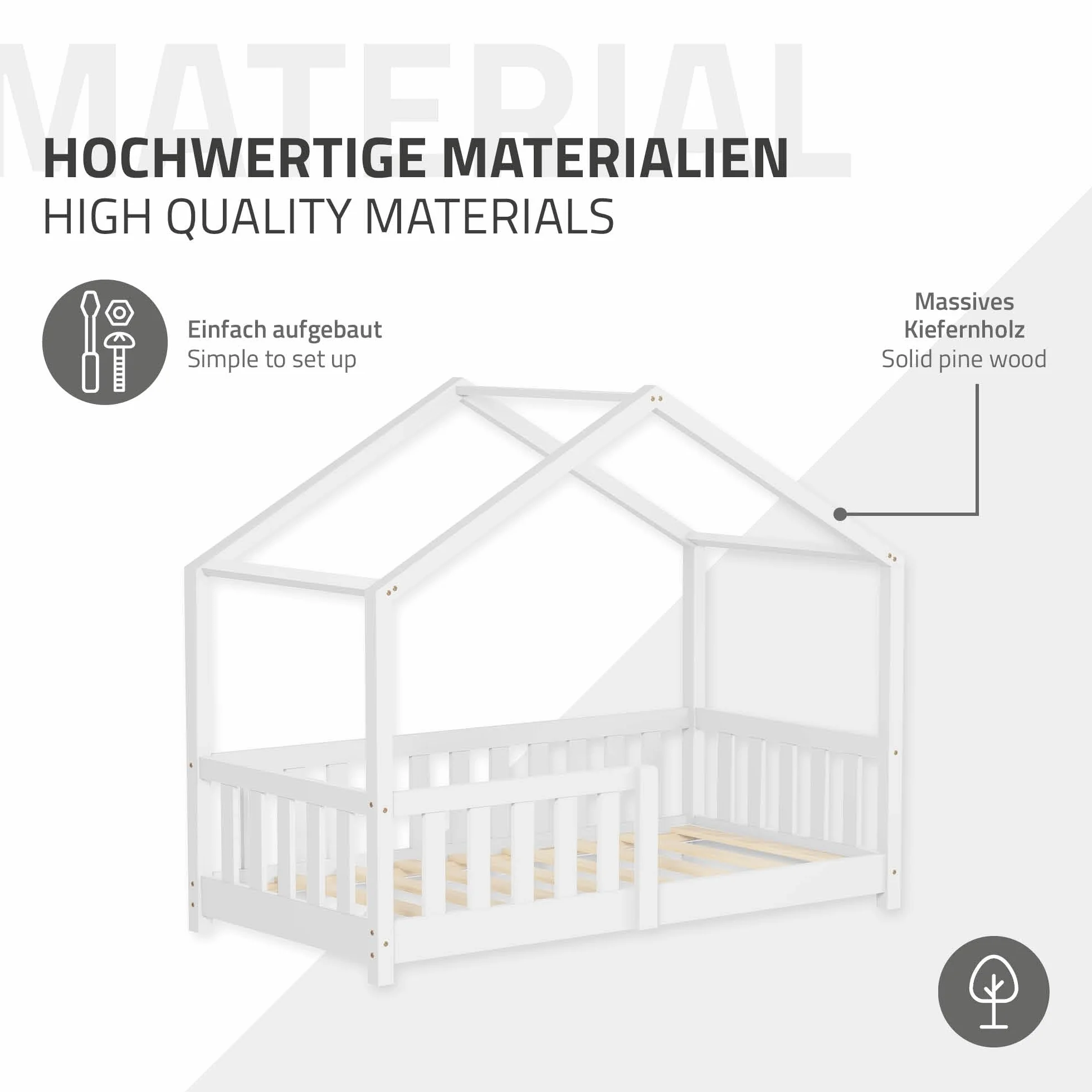 ML-Design Cama Infantil Casa 70x140 cm Madera Blanca Maciza de Pino, Casita Estilo Montessori con Somier de Láminas, Techo y Protección Anticaída, Cuna Baja de Suelo para Niños, Litera Junior