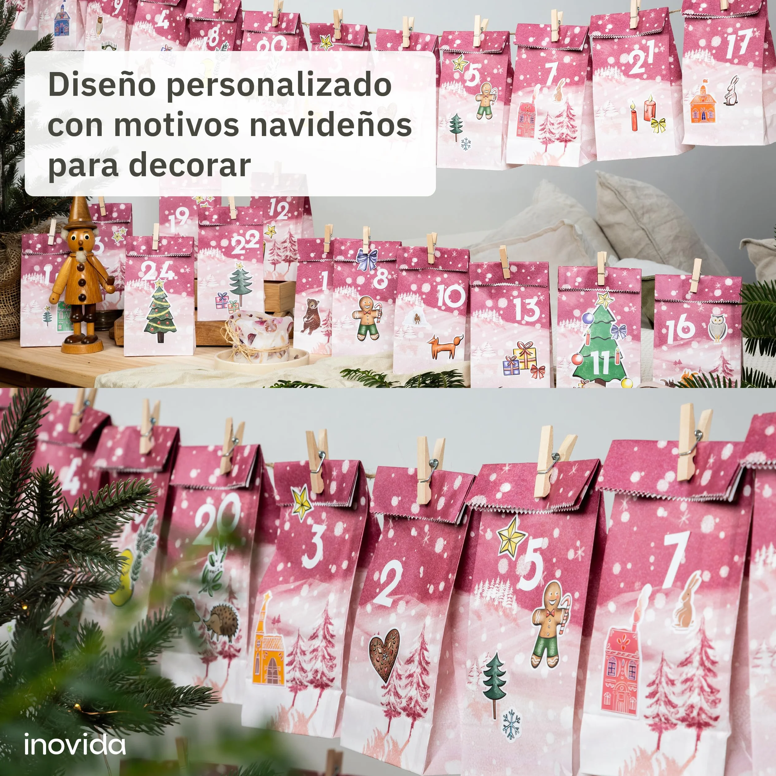 Calendario de Adviento 2025 para Rellenar DIY - Bolsas de Papel con Números Adhesivos Colgables - Inovida