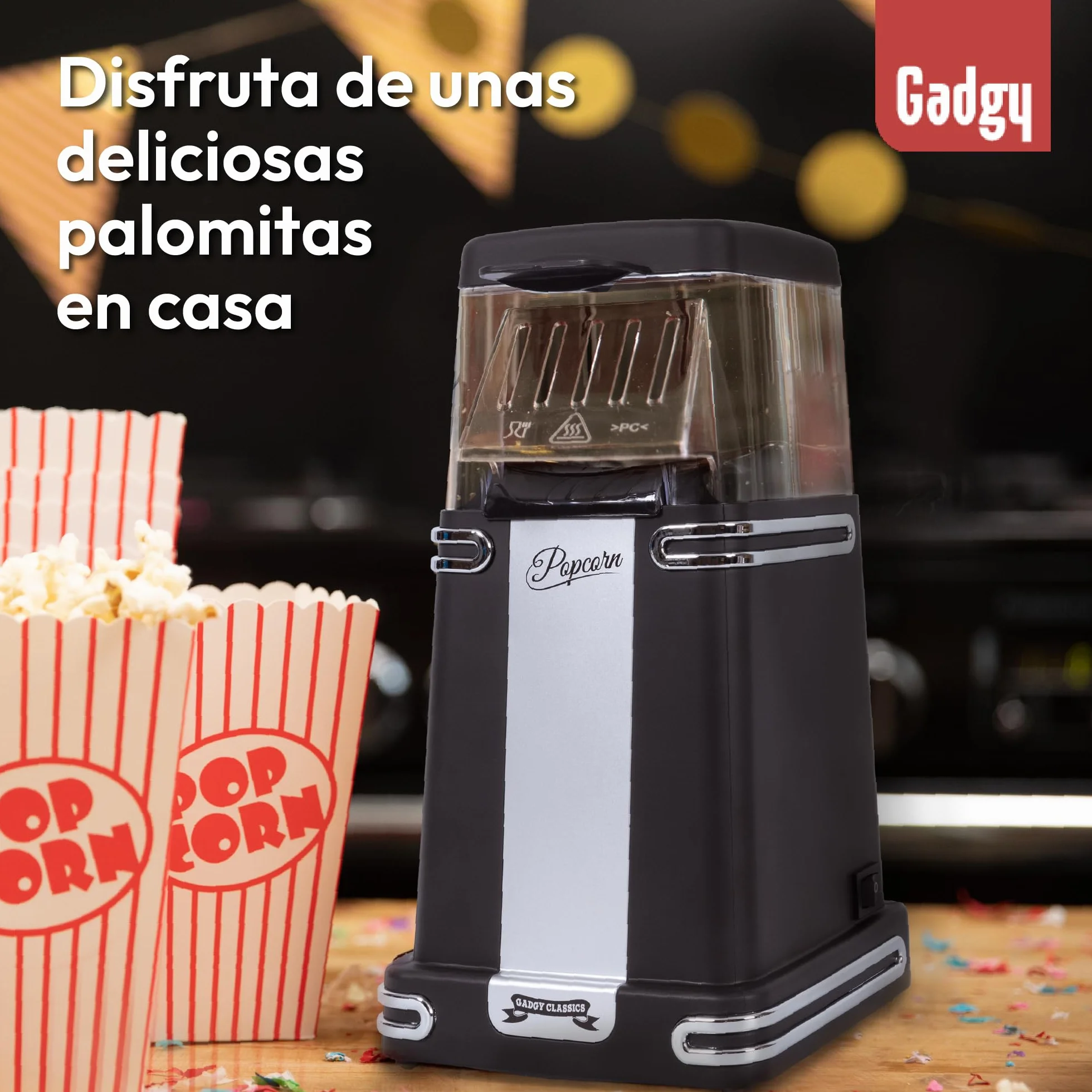 Máquina de Palomitas Gadgy Clásica, Aire Caliente Sin Aceite, Negro Retro