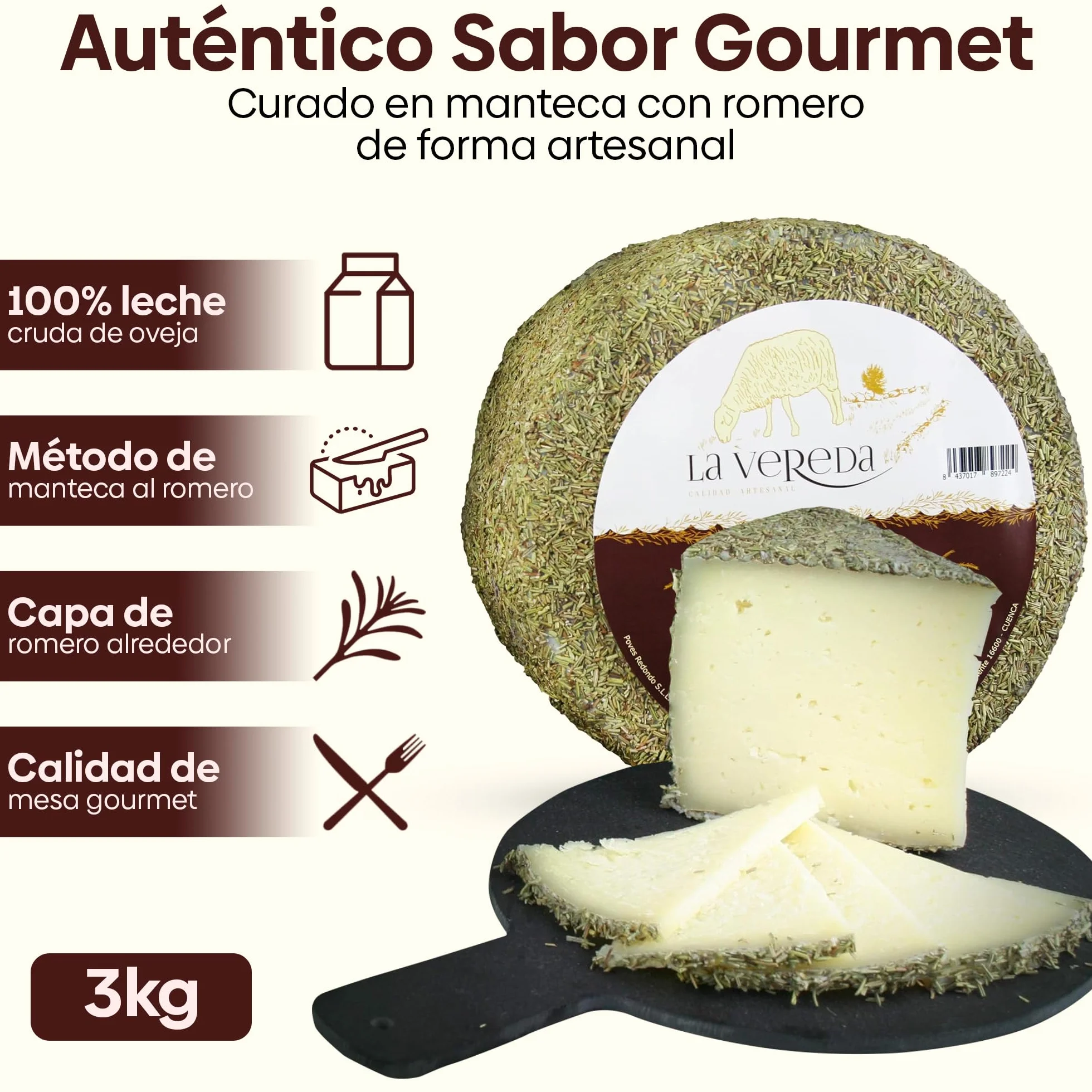 Queso Artesano de Oveja Curado en Manteca con Romero Entero 3 kg Queso Curado Gourmet de Leche Cruda
