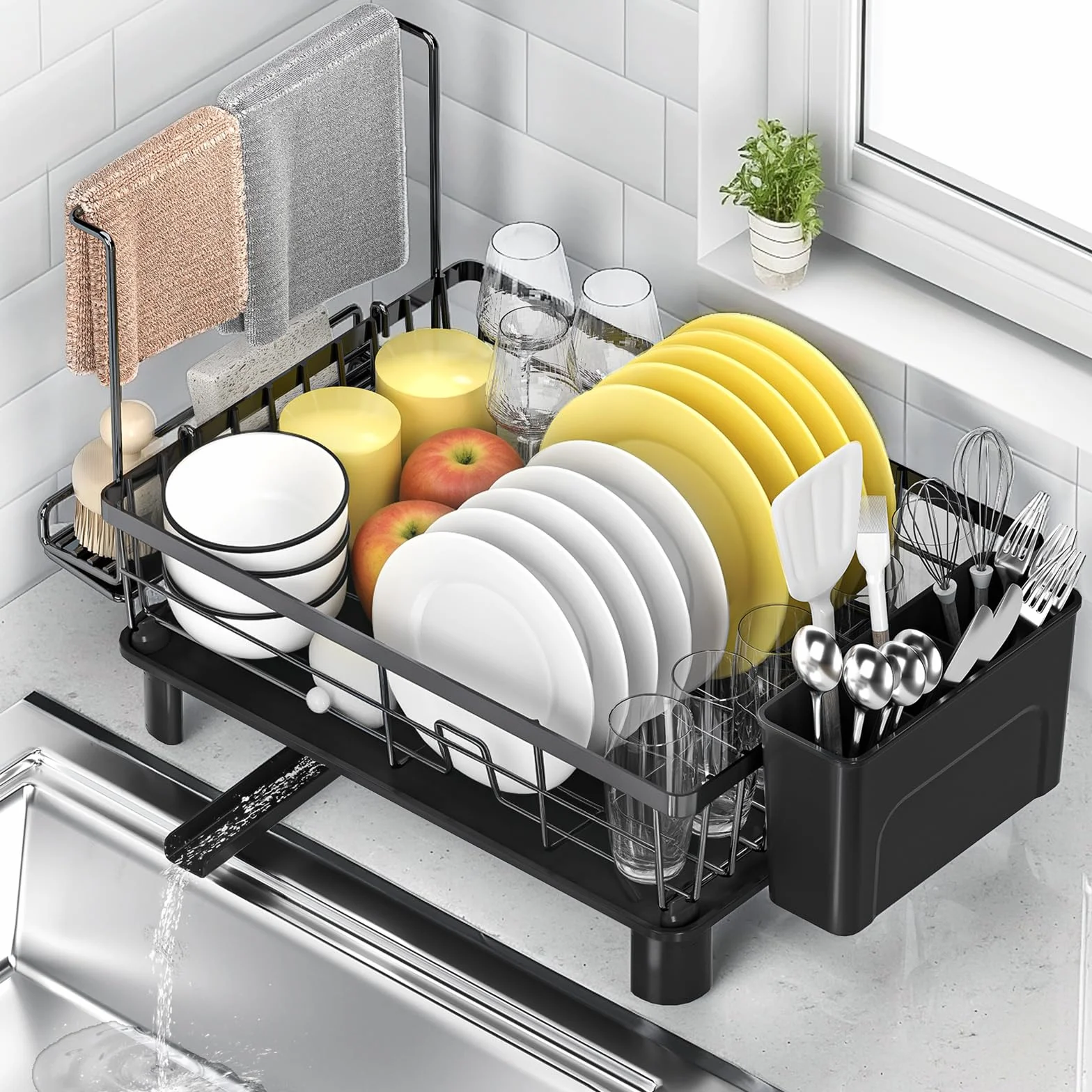 Escurridor de Platos Giratorio 360° con Drenaje Automático Extensible, Organizador de Cocina Ahorra Espacio, Negro