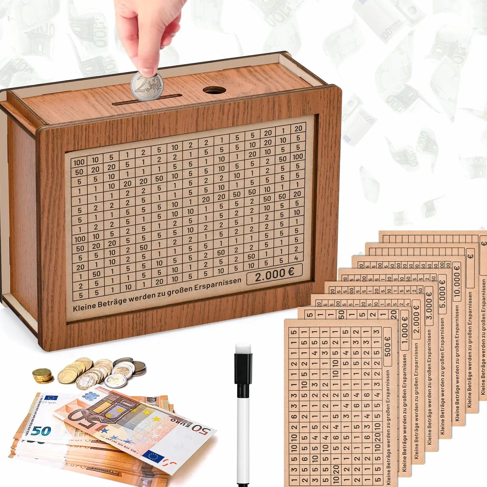 Caja de Ahorro de Madera Con Números Marcados - Hucha Retro 22x15x13 cm Con Destino de Ahorro - Almacenamiento Reutilizable €500 €1,000 €2,000 €3,000 €5,000 Euro
