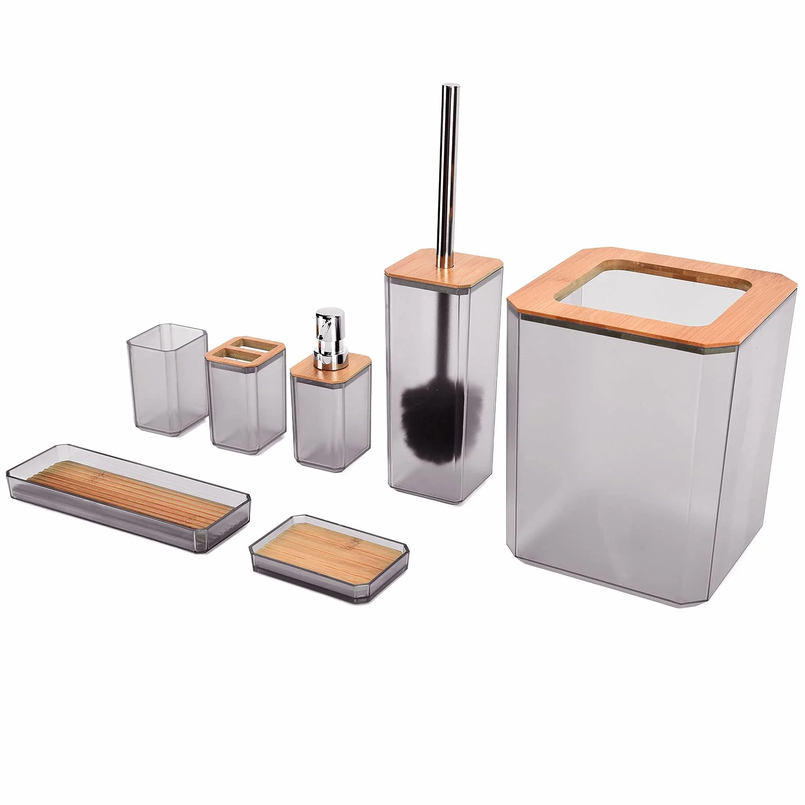 YUYTE Elegante Juego de Accesorios de Baño de 7 Piezas con Caja, Soporte para Cepillos de Dientes y Papelera para el Hogar o el Hotel, Color Gris (Grey)