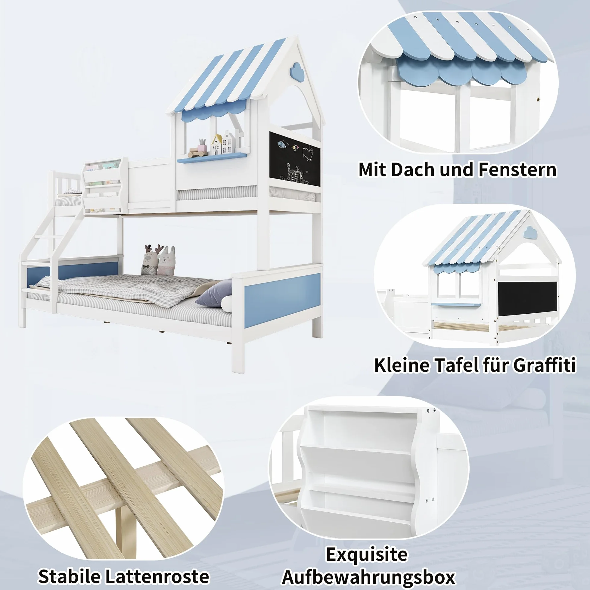 Litera Infantil con Cajón de Almacenamiento | Escalera Inclinada 3 Peldaños + Diseño Ventana Única | Tablero Grafiti Lateral | Estructura Pino+MDF | Blanco/Azul | 90x200cm y 120x200cm