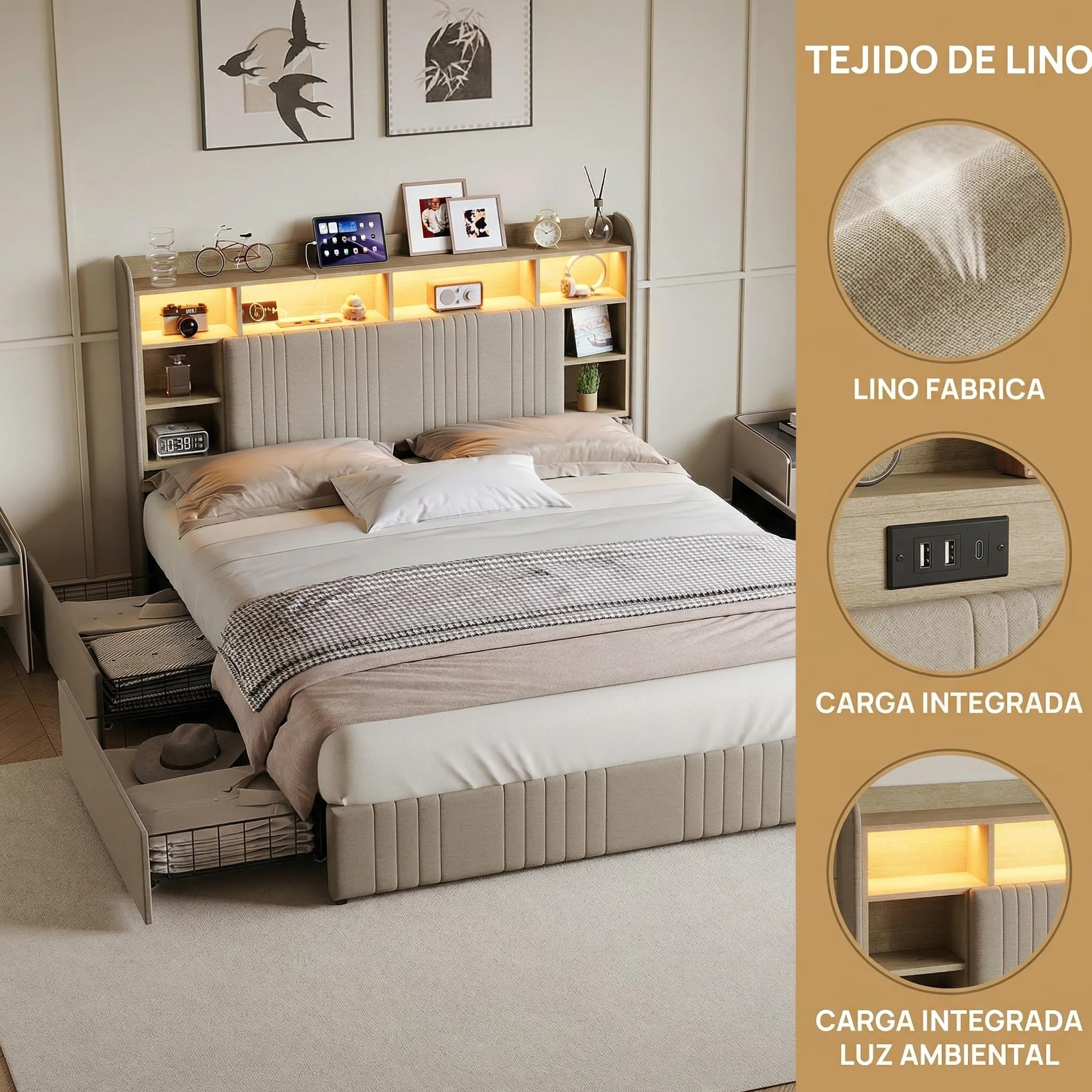 Cama Tapizada 140x200 cm con Luces LED y Estación de Carga USB/Tipo C, Estructura de Cama con Cajón y Cabecero con Almacenaje, Cama de Matrimonio de Lino con Somier de Láminas, Beige, Sin colchón
