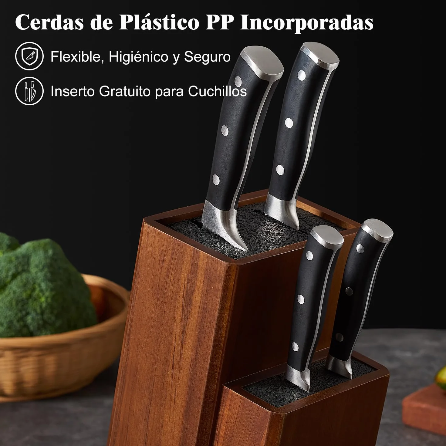 ENOKING Soporte Cuchillos Cocina, Organizador Madera Acacia, Bloque Cuchillos con Cerdas Extraíbles